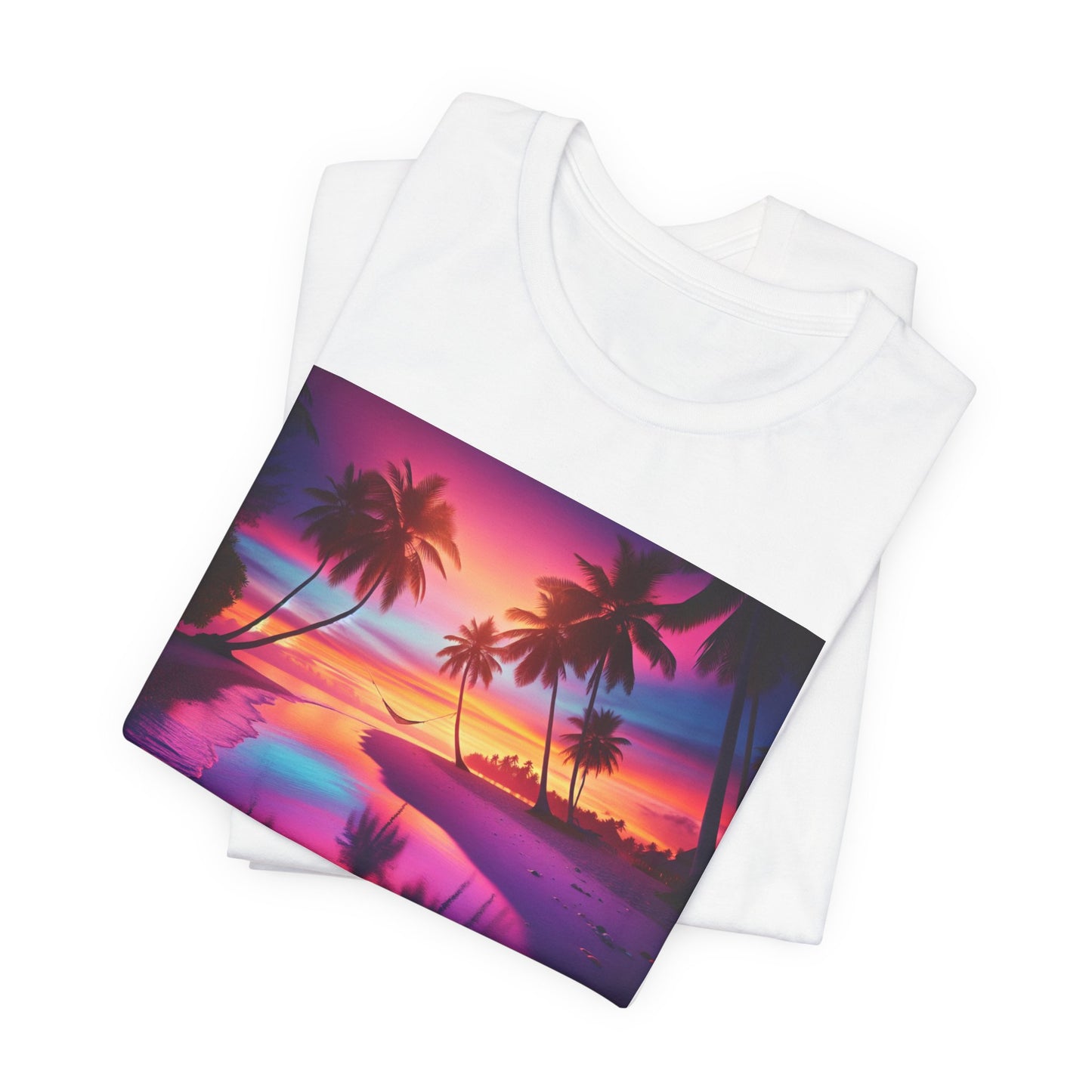"Serenity Splash: A Tropical Twilight Masterpiece" - Tropical Beach Sunset with Palm Trees Unisex Tee