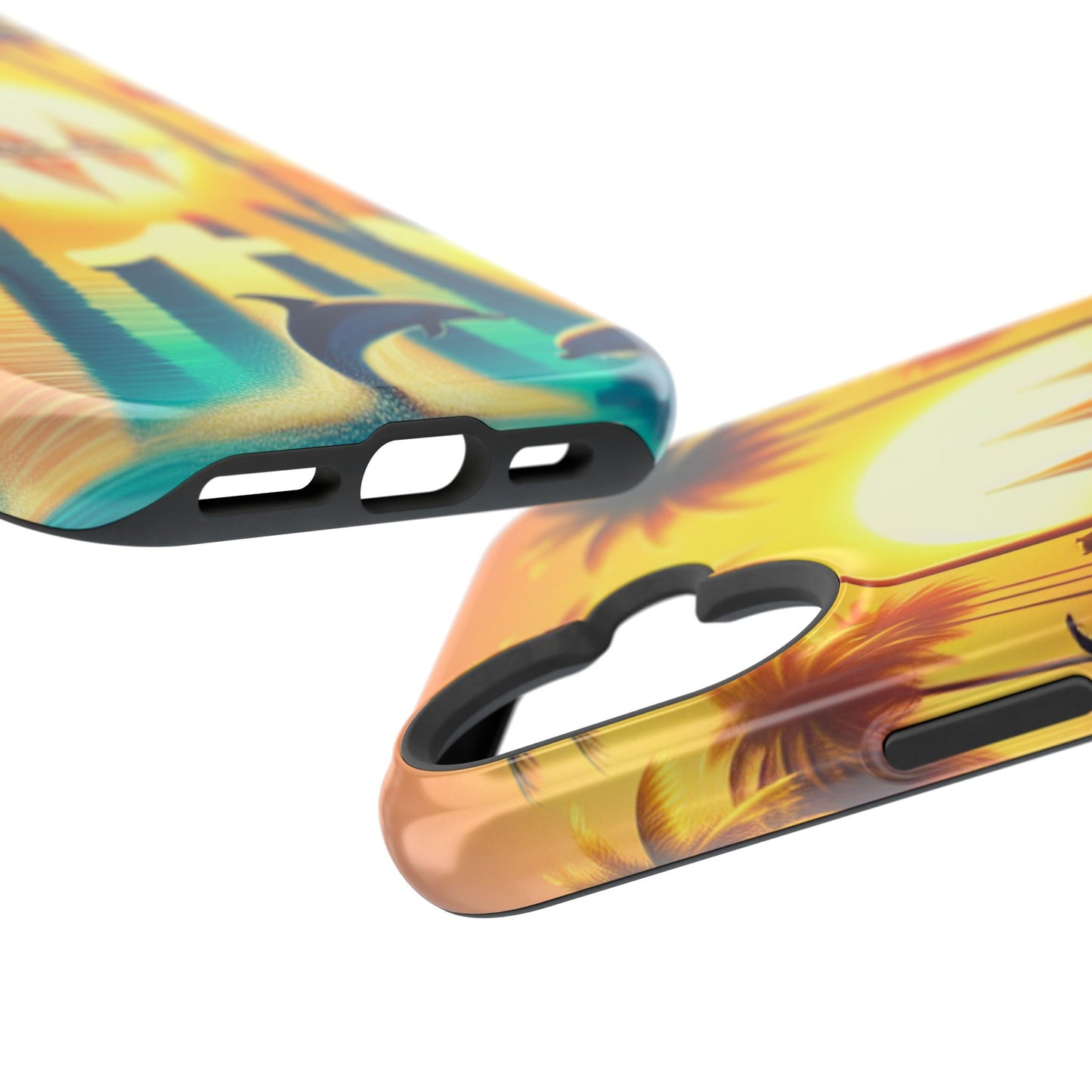 Magnetic Tough Phone case for phone 16 15 14 13 Pro Plus and Max 1111 "Sundrenched Serenity: A Tropical Twilight Masterpiece" - Tough Phone Case with Tropical Beach Sunset Dolphins ande Sailboats HD Art