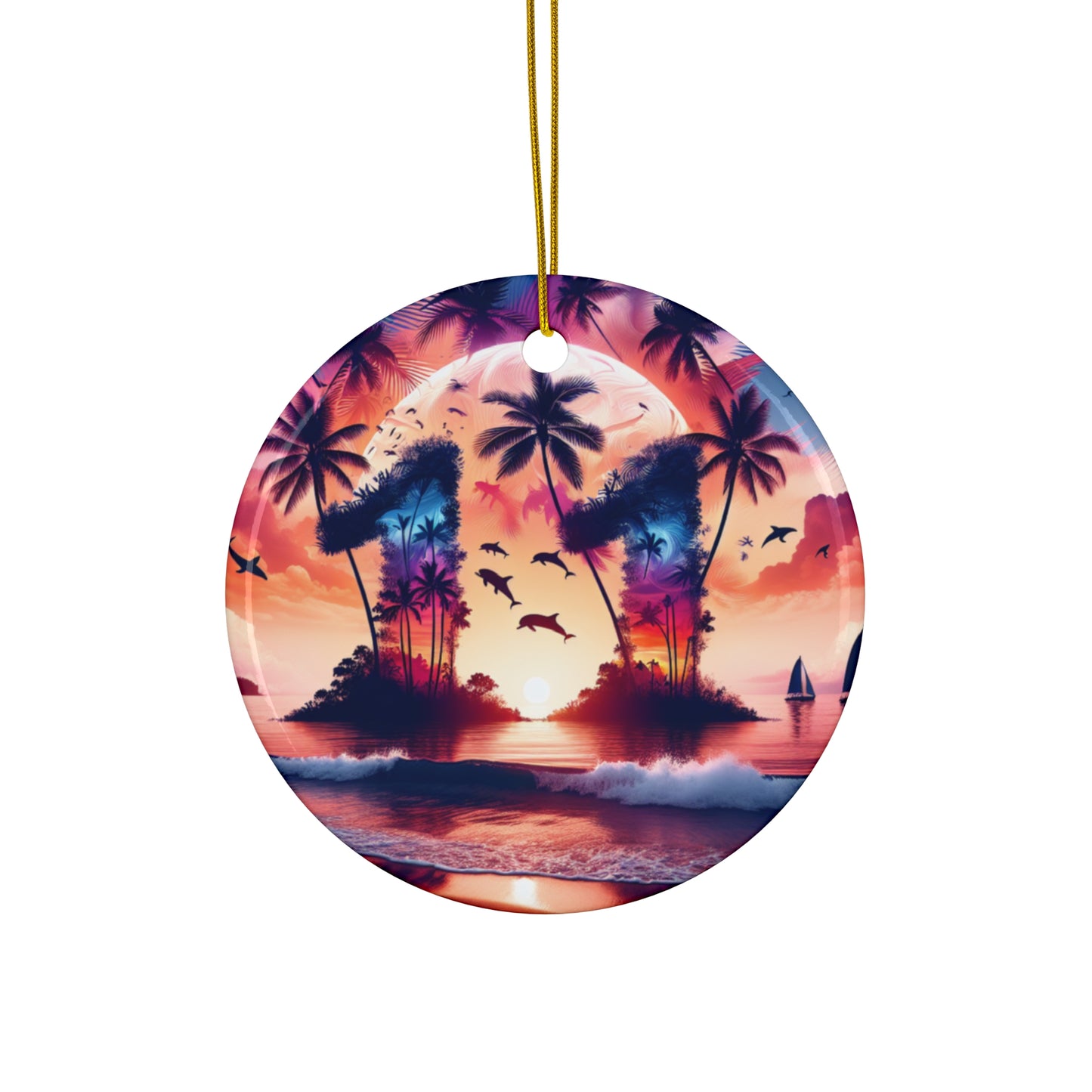 Ceramic Ornament Star, Heart, Snowflake or Circle 1111 "Paradise Dusk: A Tropical Serenity" - Tropical Beach Sunset with Palm Trees, Dolphins, and Sailboats