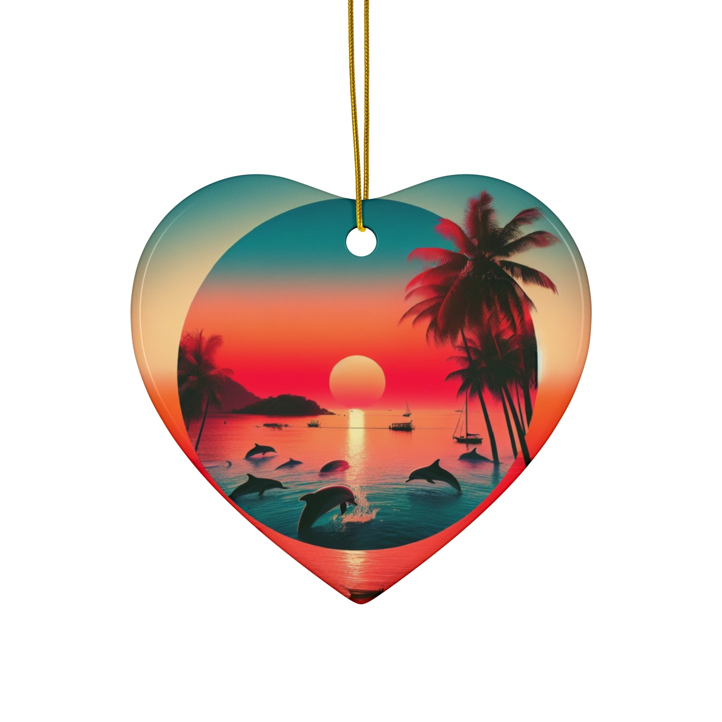 Ceramic Ornament Star, Heart, Snowflake or Circle 1111 "Paradise Solstice: An Enchanting Tropical Twilight" - Tropical Beach Sunset with Palm Trees, Dolphins, and Sailboats