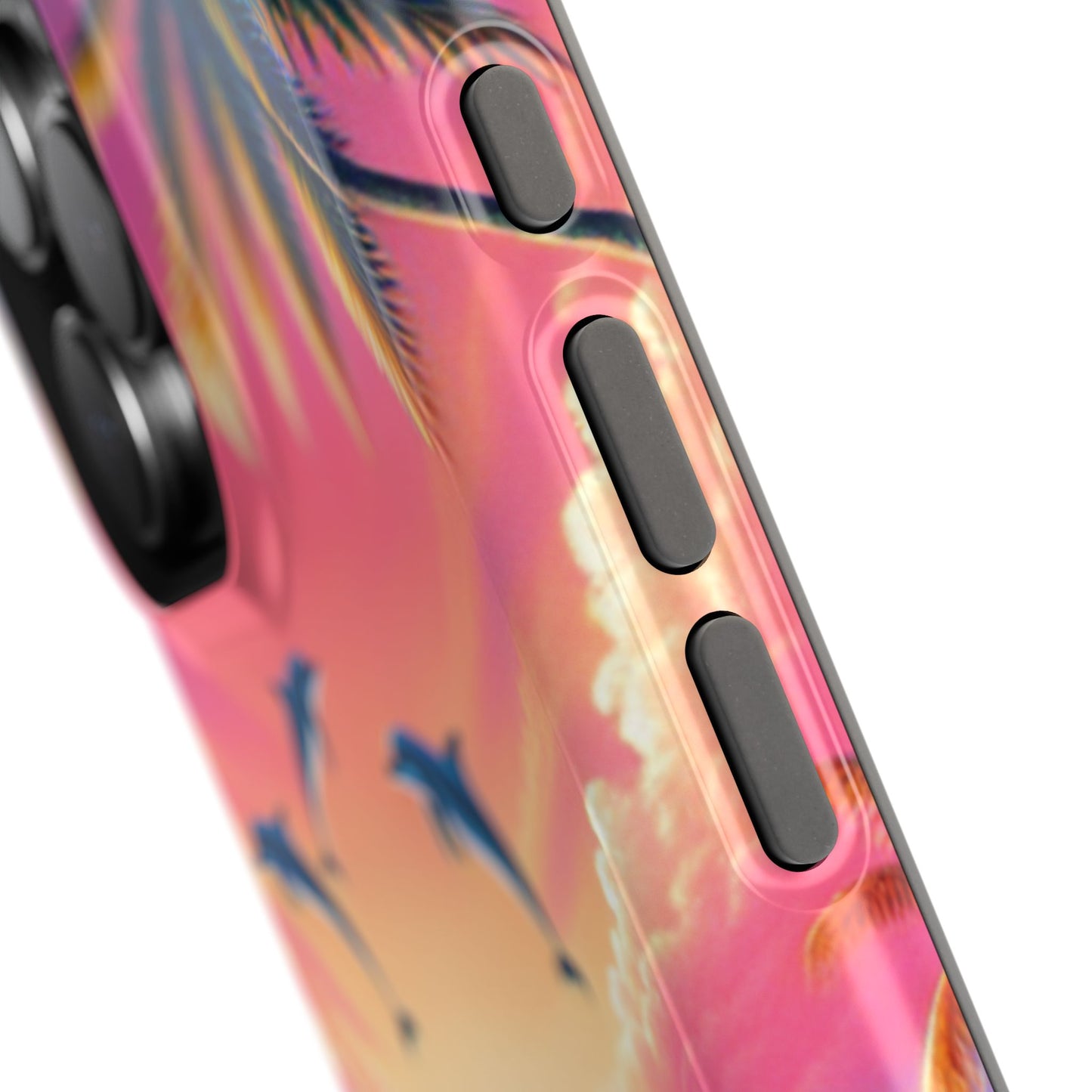 Magnetic Iphone 16 15 14 13 Pro and Max "Sunset Serenity: Tropical Paradise" - Tough Phone Case with Tropical Beach Sunset Dolphins ande Sailboats HD Art