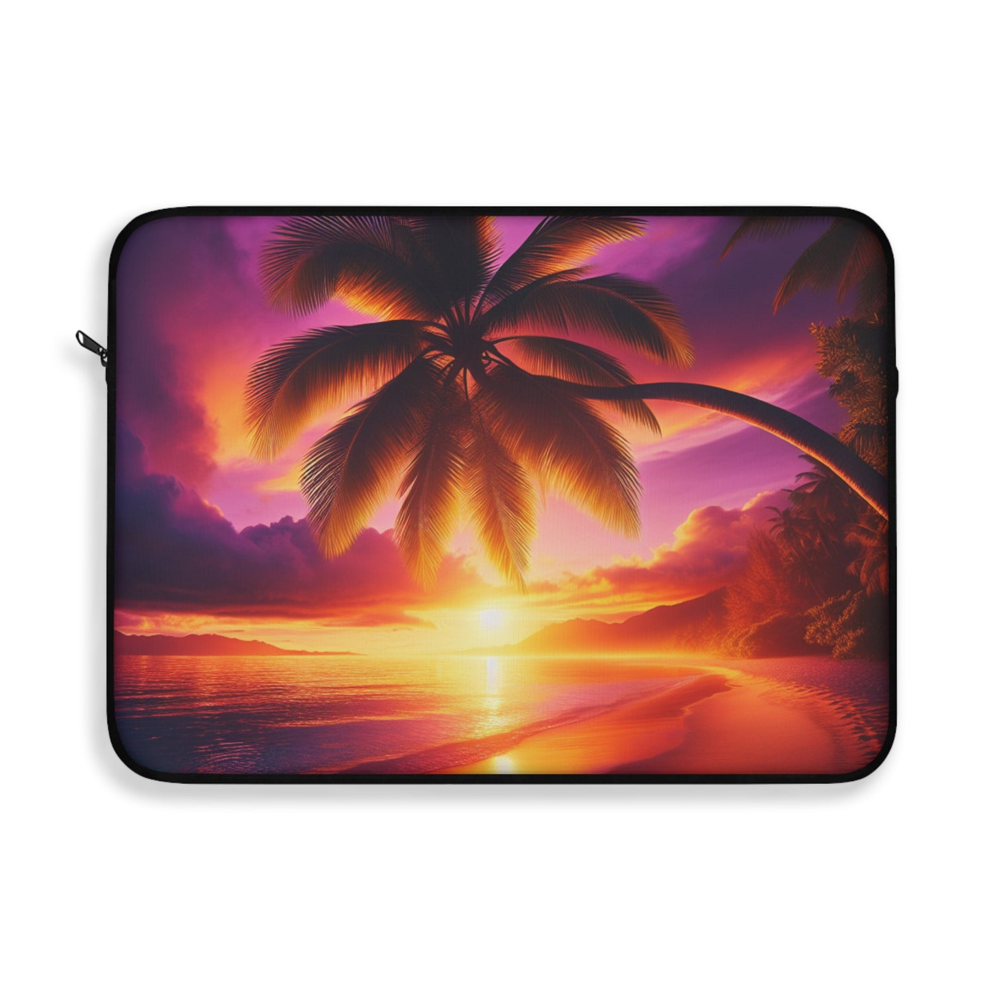 "Serenity Sands: A Tropical Twilight Tapestry" - Laptop Sleeve with Tropical Beach Sunset with Palm Trees Art