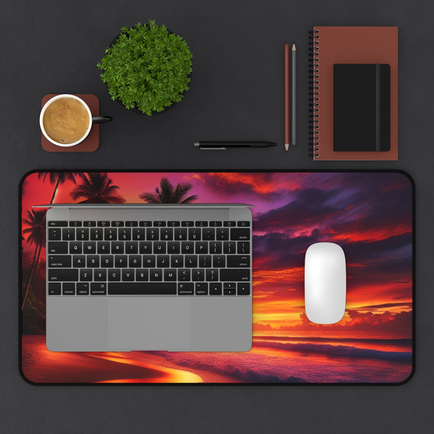 "Serenity Sands: A Tropical Twilight Symphony" - Computer Desk Mat with Vivid Tropical Beach Sunset and Palm Trees Vibes