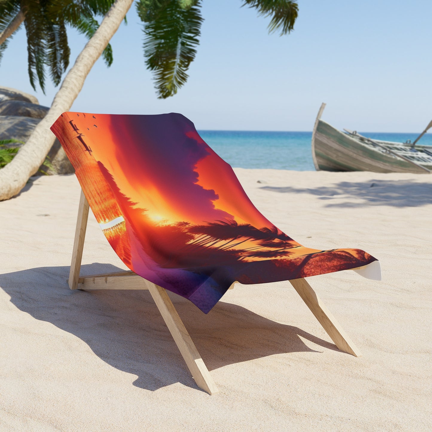 "Serene Paradise: A Tropical Sunset Symphony" - Tropical Beach Sunset with Palm Trees Beach Towel