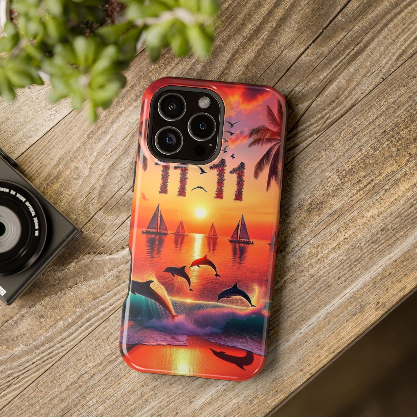 Magnetic Tough Phone case for phone 16 15 14 13 Pro Plus and Max 1111 "Sundrenched Serenity: A Tropical Twilight Masterpiece" - Tough Phone Case with Tropical Beach Sunset Dolphins ande Sailboats HD Art