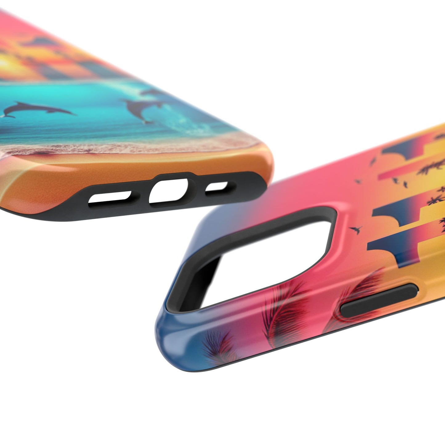 Magnetic Phone Cases, Tropical Sunset Symphony Tough Case for iPhone, Beach Dolphin Sailboat Art, Max Pro 13-16, Paradise Unveiled