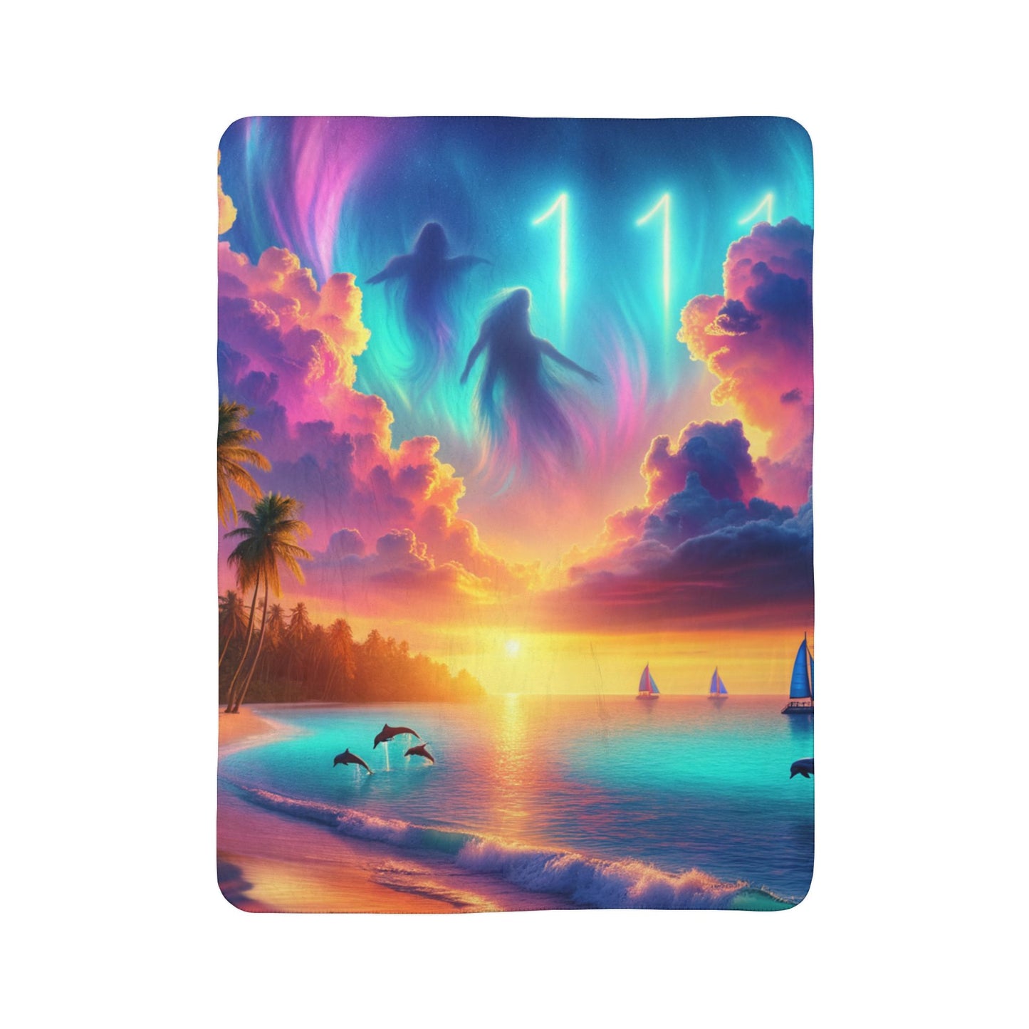 Sherpa Fleece Blanket 1111 "Sacred Serenity: An 1111 Angelic Twilight of the Tropics" - with Tropical Beach Sunset, Palm Trees, Dolphins, and Sailboats