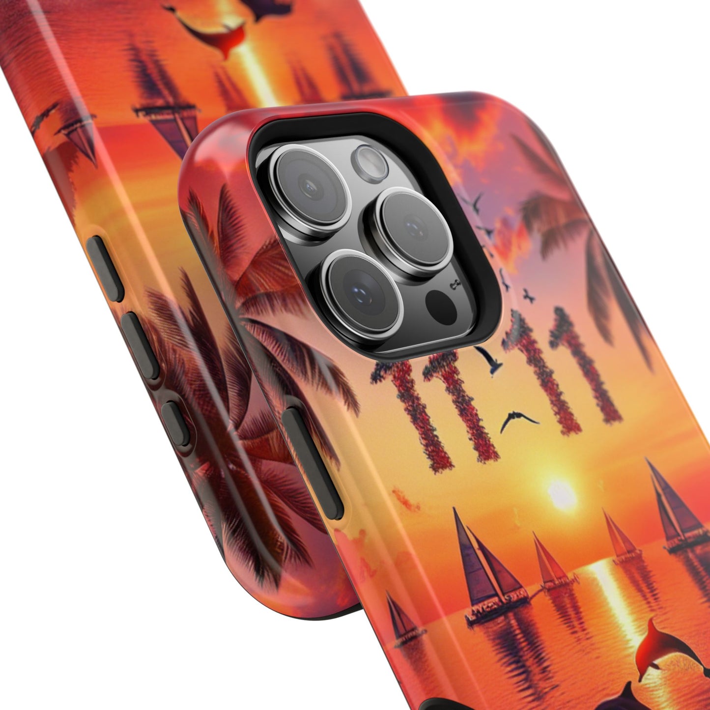 Magnetic Tough Phone case for phone 16 15 14 13 Pro Plus and Max 1111 "Sundrenched Serenity: A Tropical Twilight Masterpiece" - Tough Phone Case with Tropical Beach Sunset Dolphins ande Sailboats HD Art