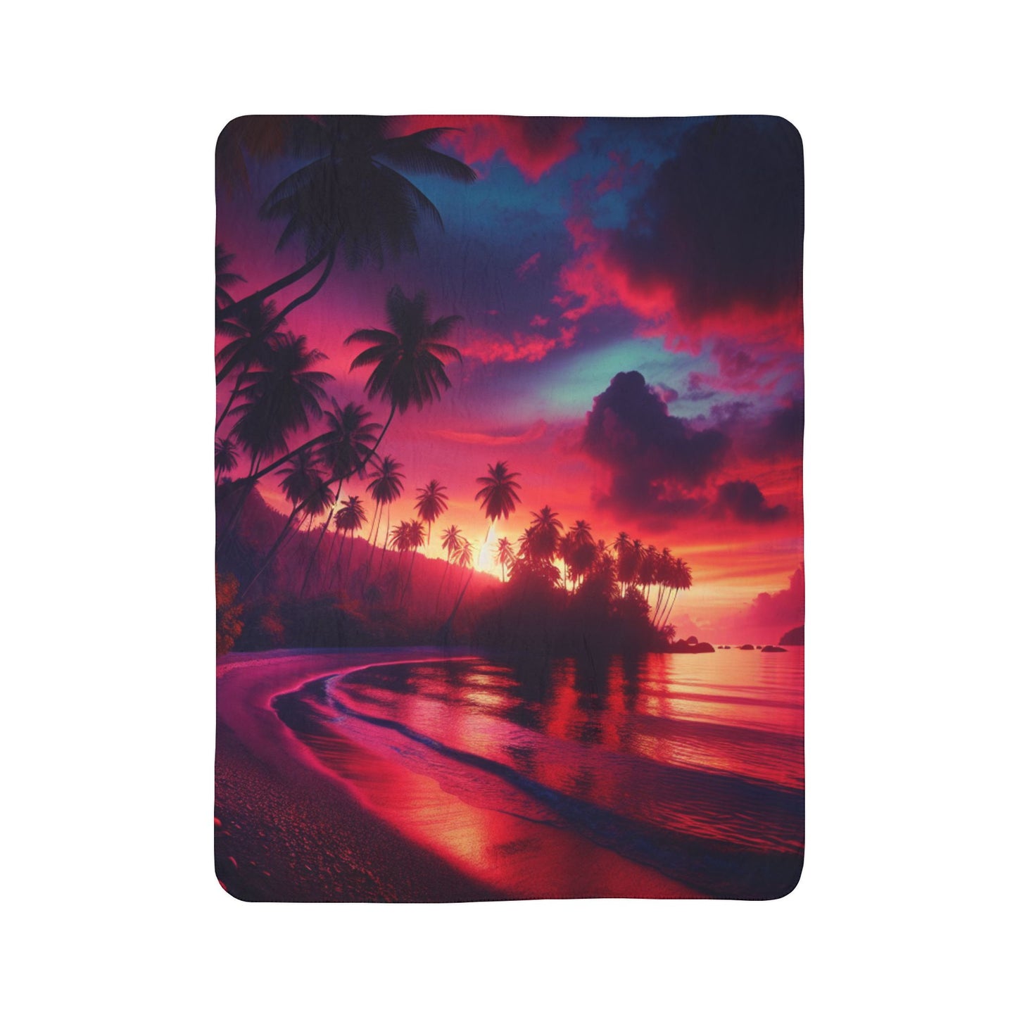 "Paradise Twilight: A Tropical Beach Symphony" - Sherpa Fleece Blanket with Tropical Beach Sunset and Palm Trees