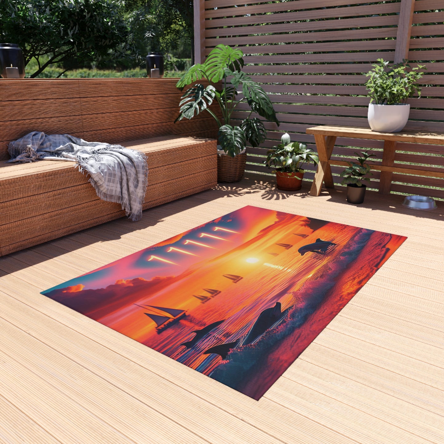 Tropical Beach Sunset with Dolphins, Sailboats and Angel number 11111 in the sky Outdoor Rug