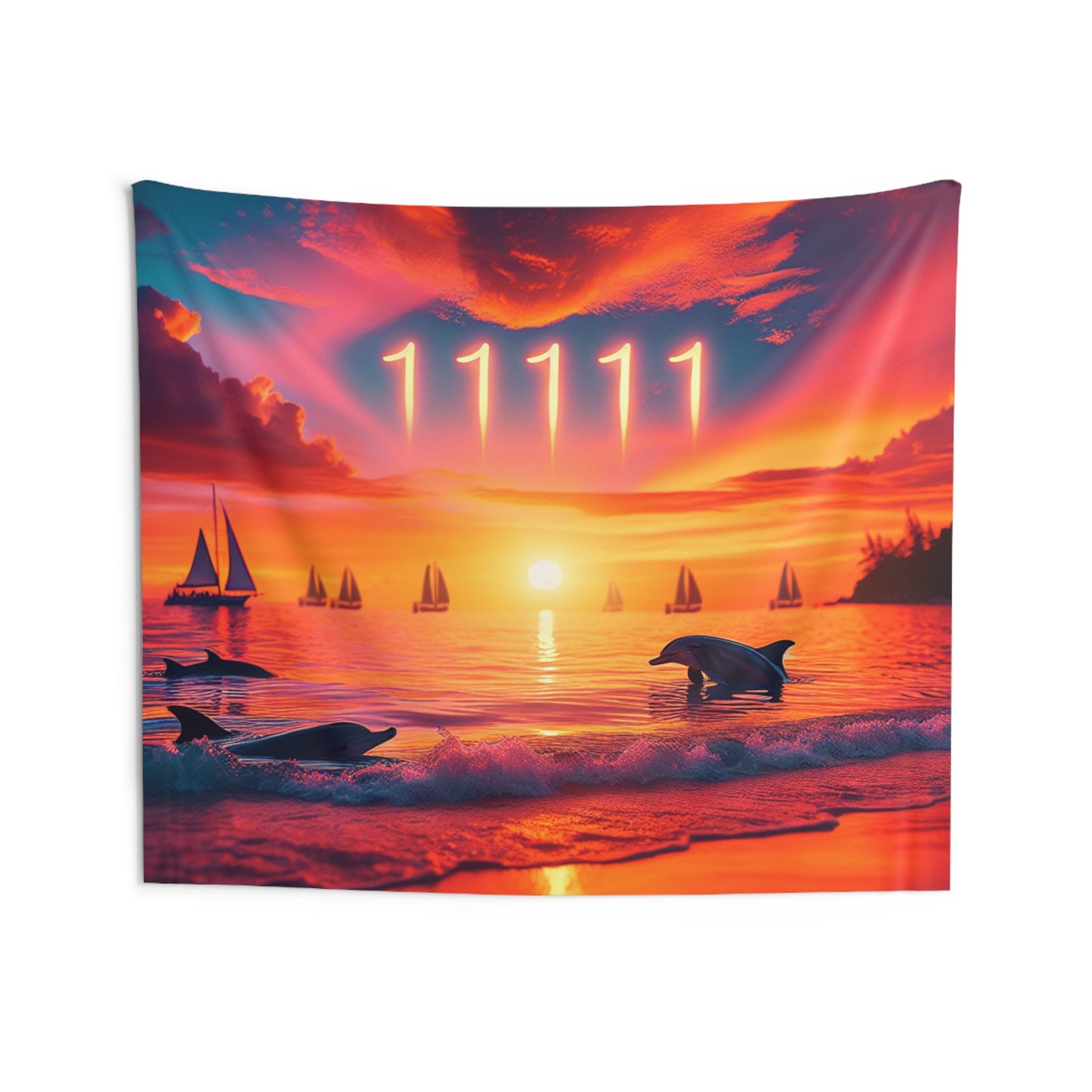 Indoor Tapestry with Tropical Beach Sunset Dolphins Sailboats Angel Number 11111, Ocean Seaside Hanging Art, Positive Mindset Reminder