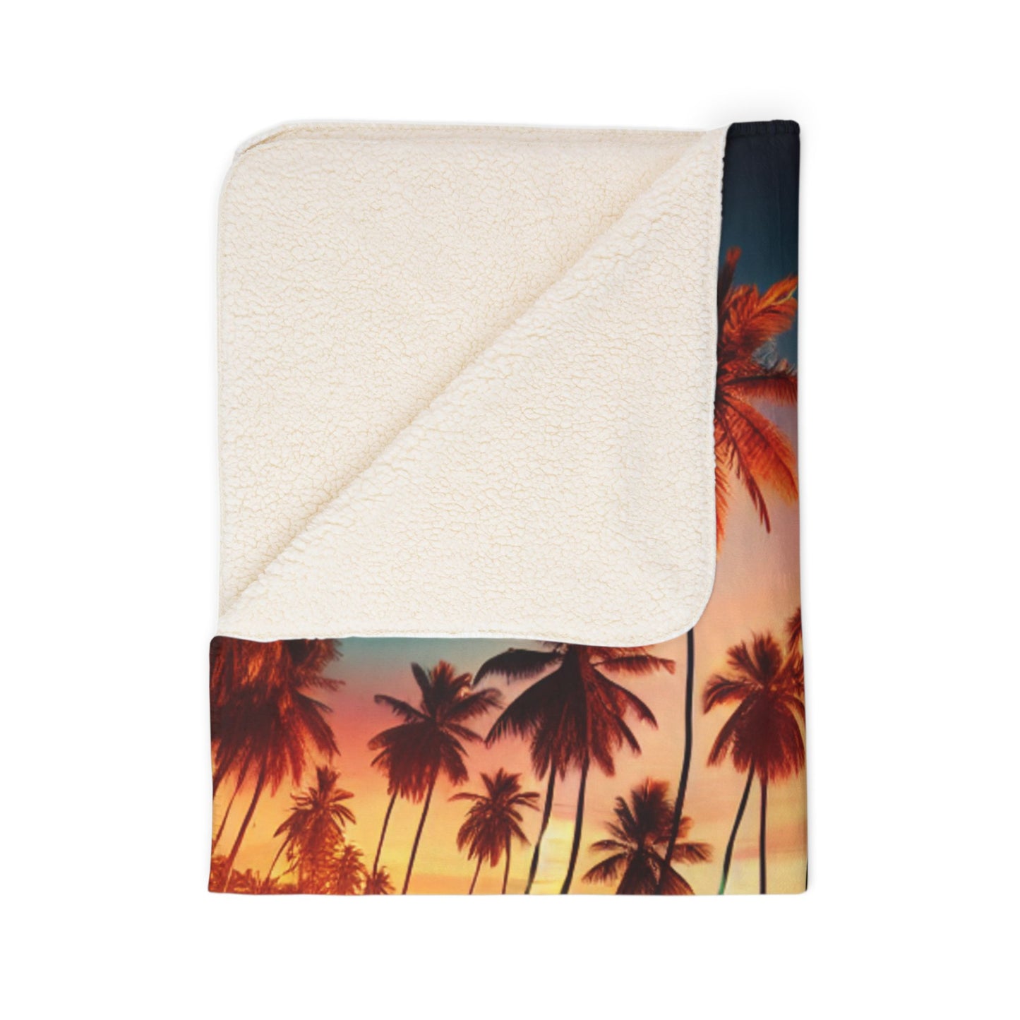 "Paradise Serenade: A Tropical Sunset Symphony" - Sherpa Fleece Blanket with Tropical Beach Sunset and Palm Trees
