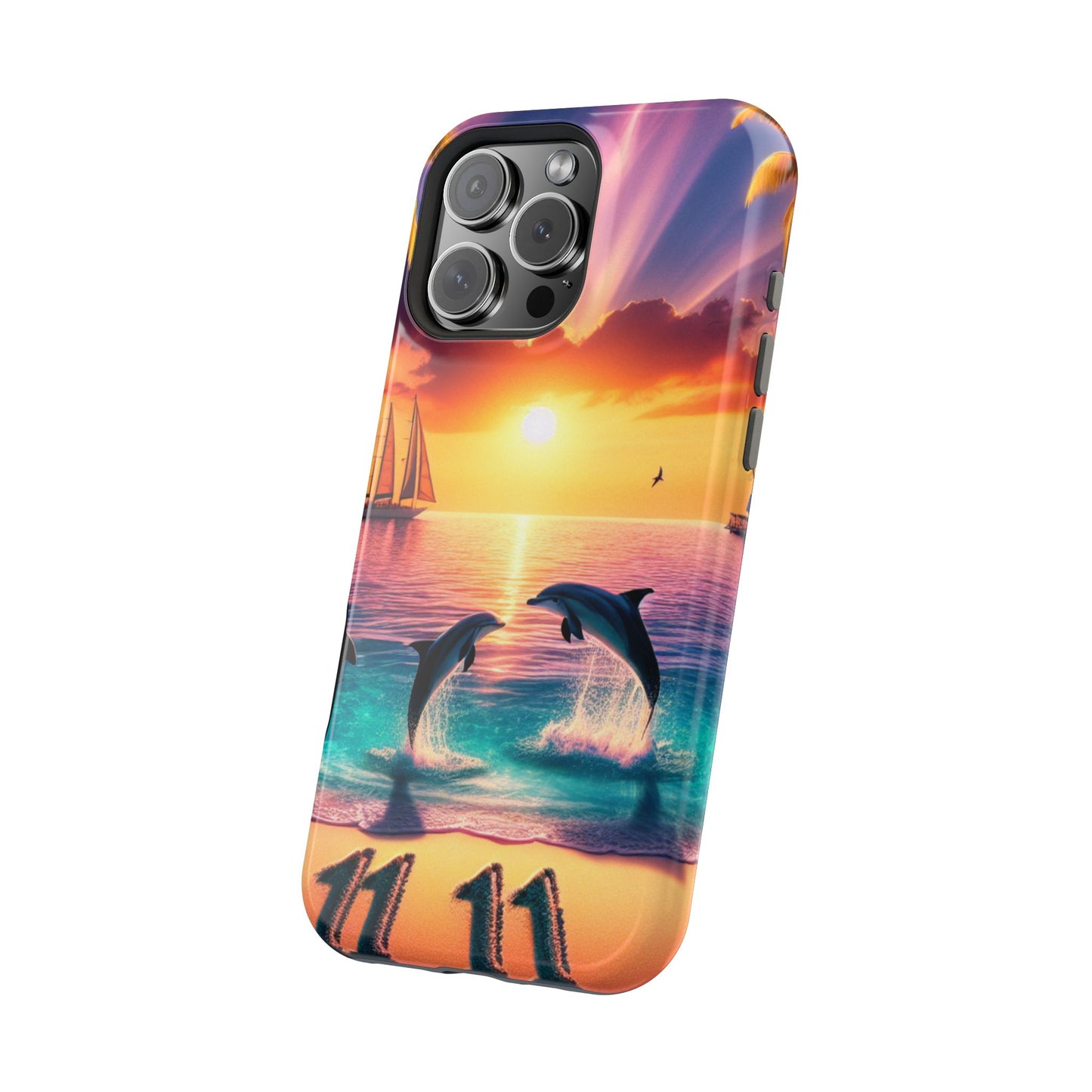 Magnetic Tough Phone case for phone 16 15 14 13 Pro Plus and Max 1111 "Sunset Serenity: A Tropical Paradise" - Tough Phone Case with Tropical Beach Sunset Dolphins ande Sailboats HD Art