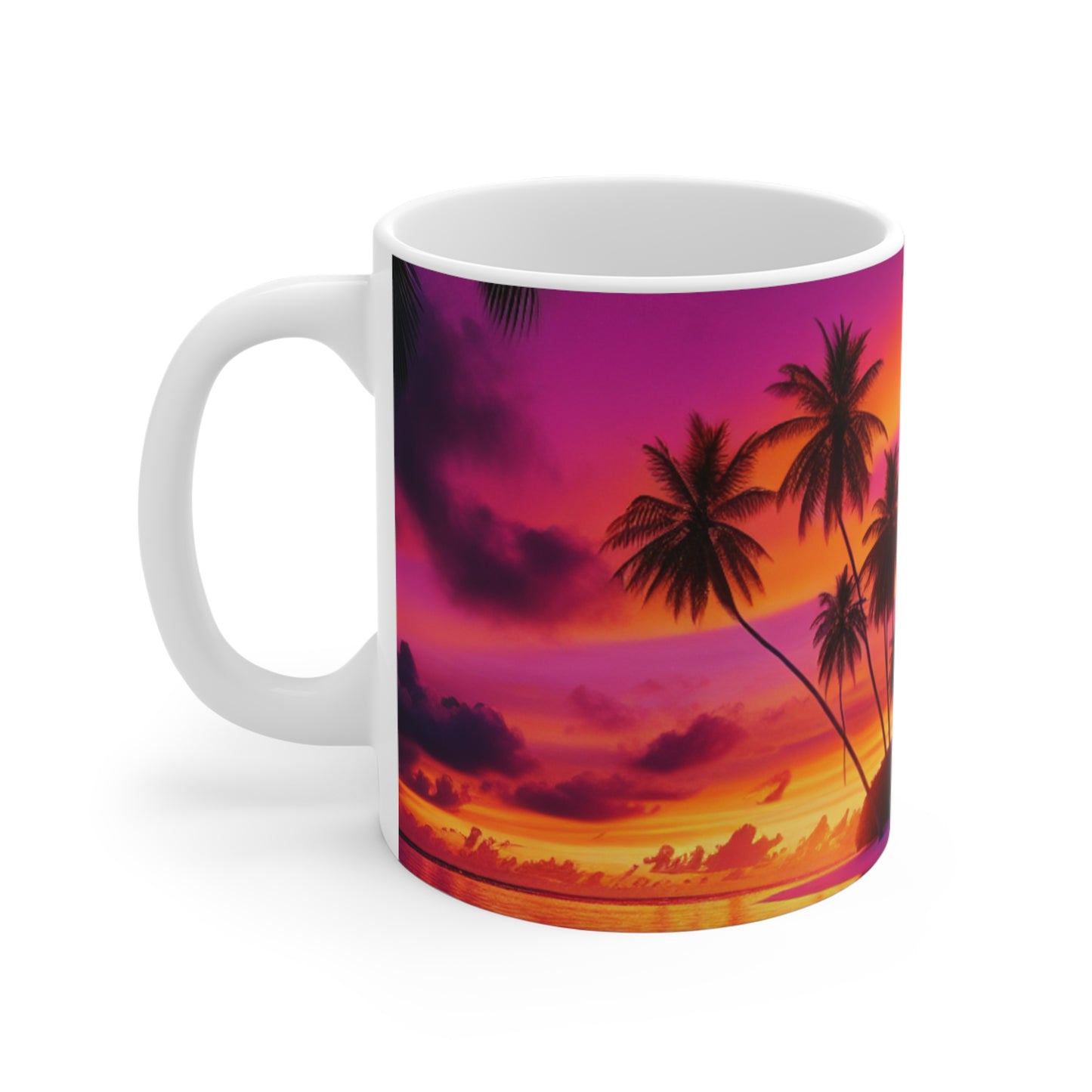 "Paradise Sunset: A Tropical Haven" - Tropical Beach Sunset with Palm Trees 11oz White Mugs