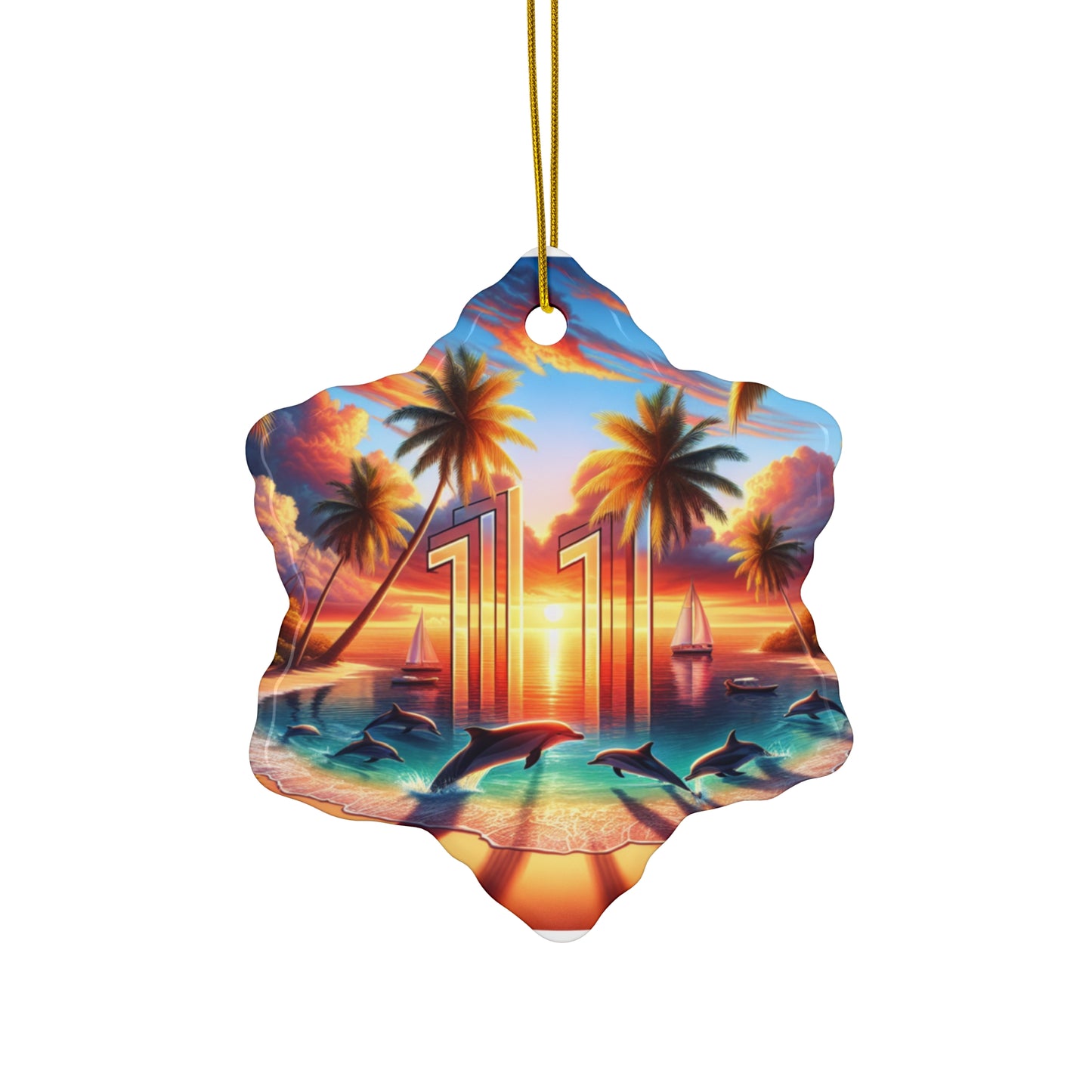 Ceramic Ornament Star, Heart, Snowflake or Circle 1111 "Paradise Twilight: Tropical Beach Serenade" - Tropical Beach Sunset with Palm Trees