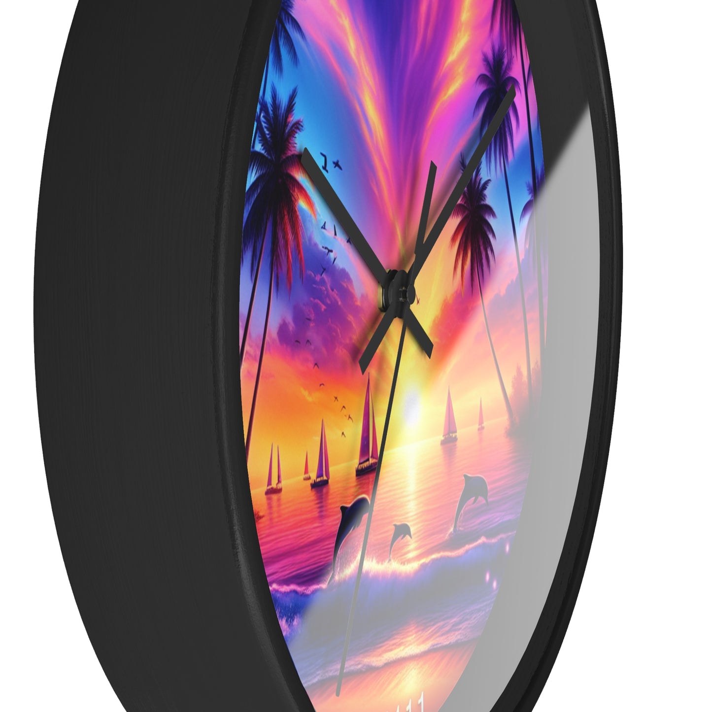 10" Wall Clock "Dolphin Serenade at Dusk: A Tropical Sundown Symphony" - 1111 Tropical Beach at Sunset with Palm Trees, Dolphins, and Sailboats