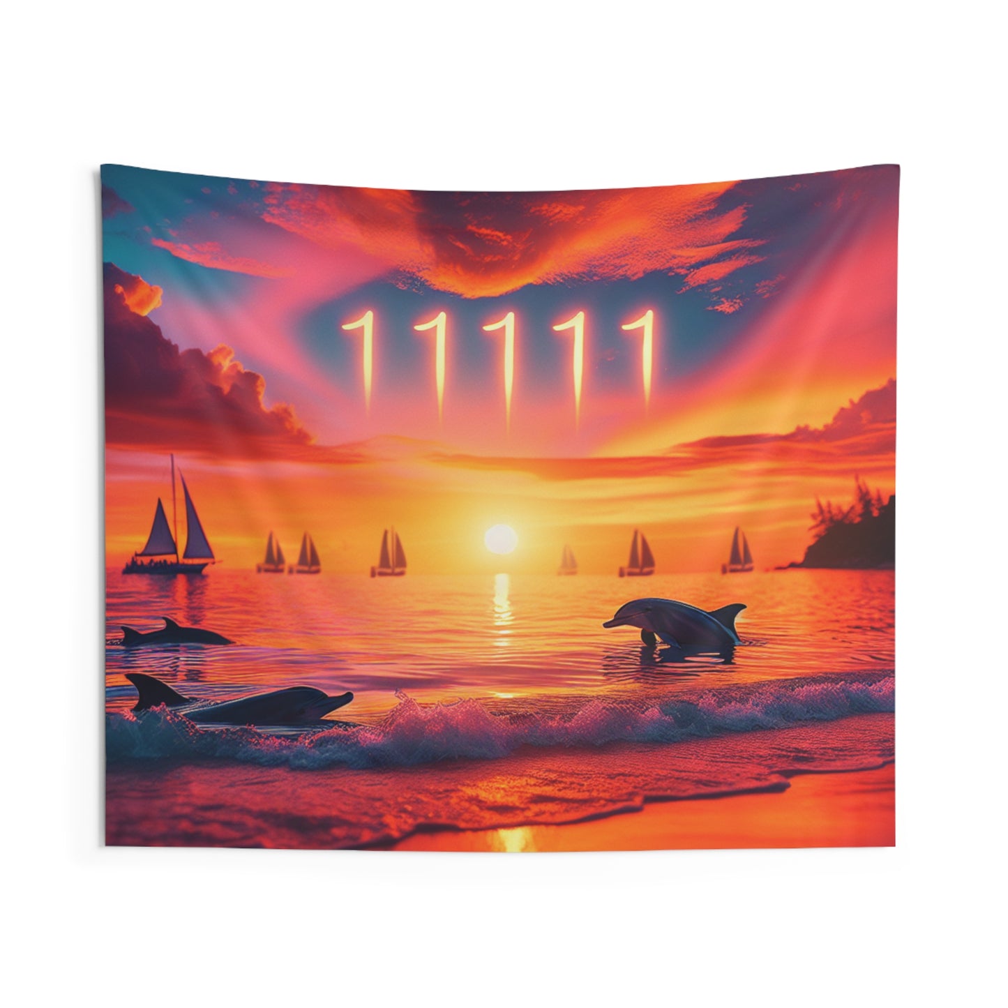 Indoor Tapestry with Tropical Beach Sunset Dolphins Sailboats Angel Number 11111, Ocean Seaside Hanging Art, Positive Mindset Reminder