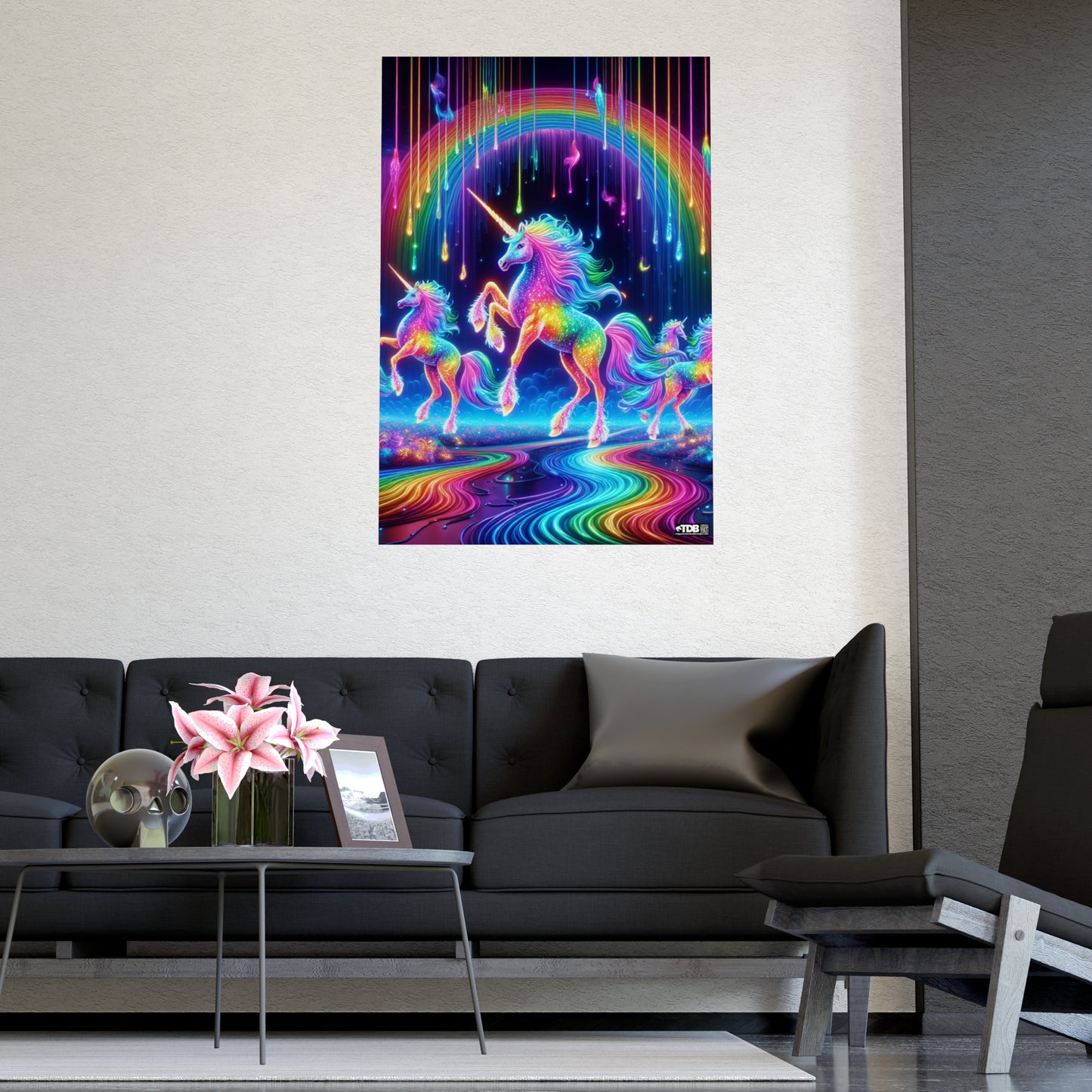 TDB Enchanting NEON Unicorns in Rainbows Vertical and Horizontal Matte Posters