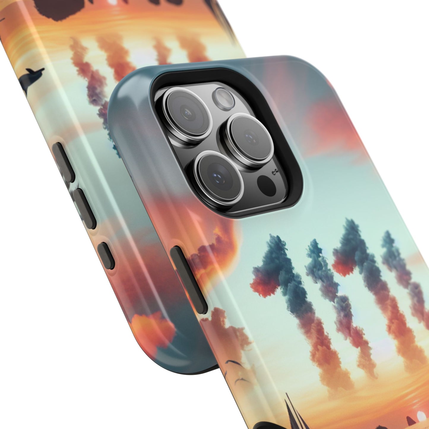 Magnetic Iphone 16 15 14 13 Pro and Max Angel number 1111 in the clouds "Sundrenched Serenity: A Tropical Twilight Symphony" - Tough Phone Case with Tropical Beach Sunset Dolphins ande Sailboats HD Art