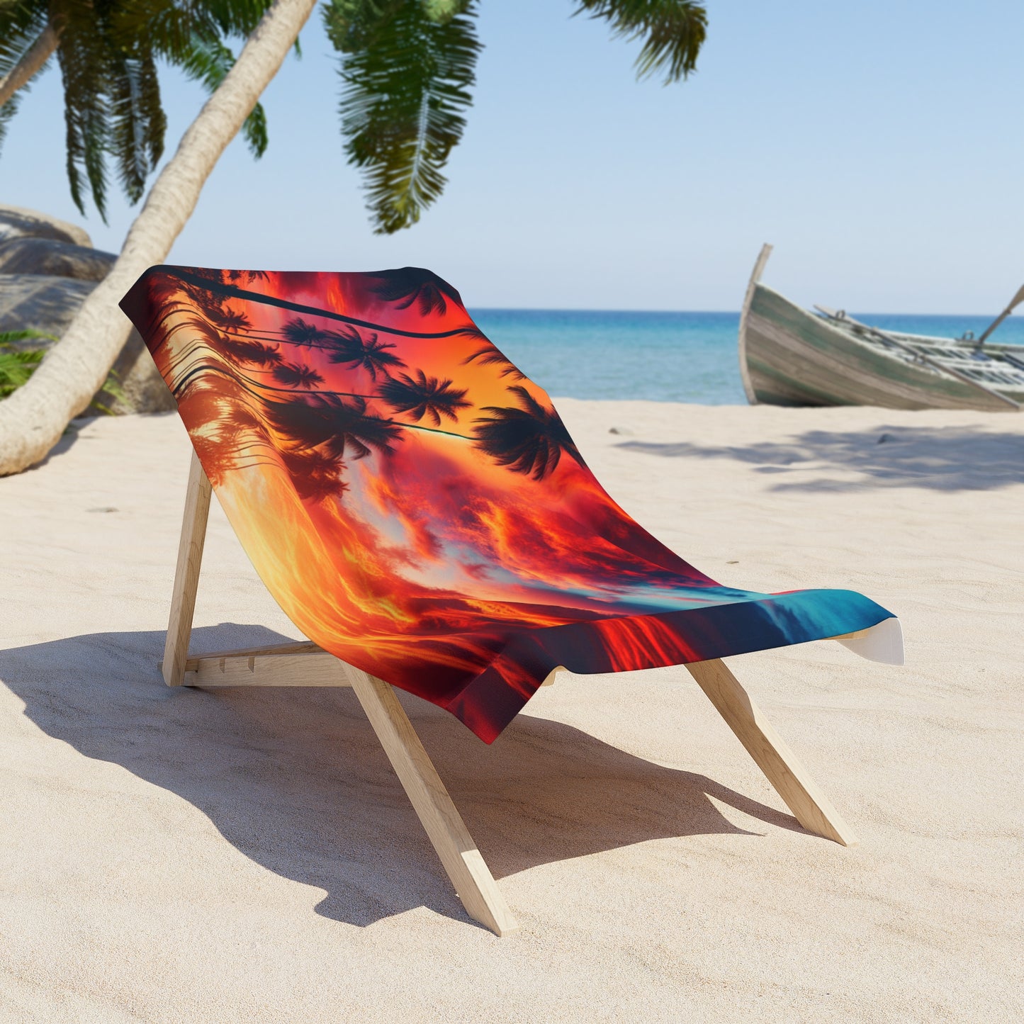 "Serenity Sands: A Tropical Twilight Masterpiece" - Tropical Beach Sunset with Palm Trees Beach Towel