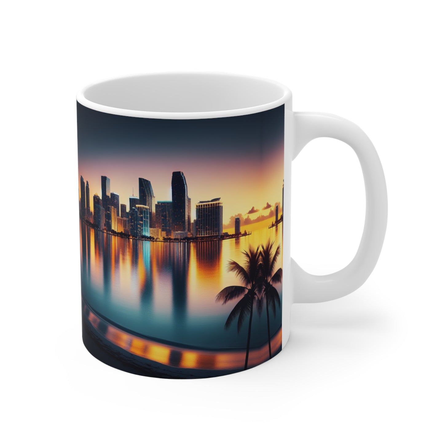 Miami Beach Ocean and City Lights Mirror Reflection at Sunset Art Mug 11oz