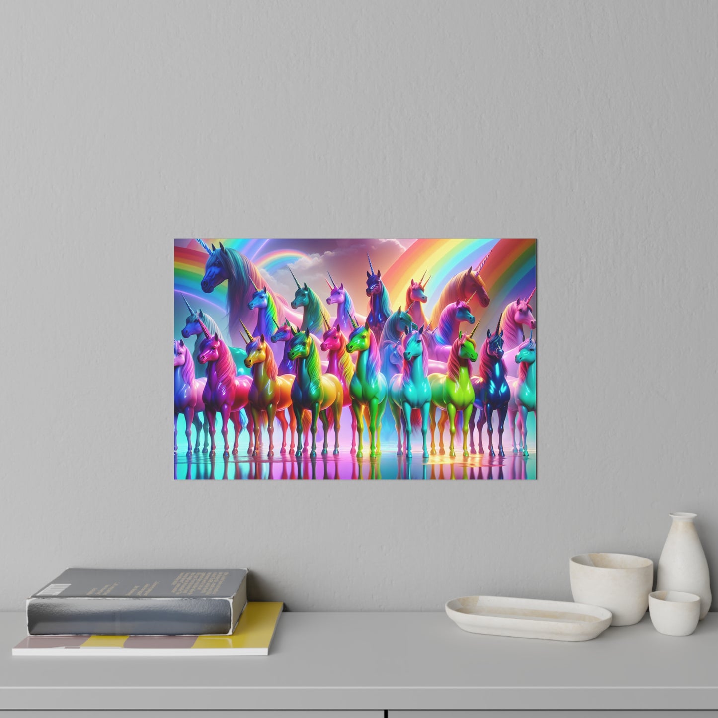 Whimsical NEON Unicorns in Rainbows Repositionable Wall Art Decals