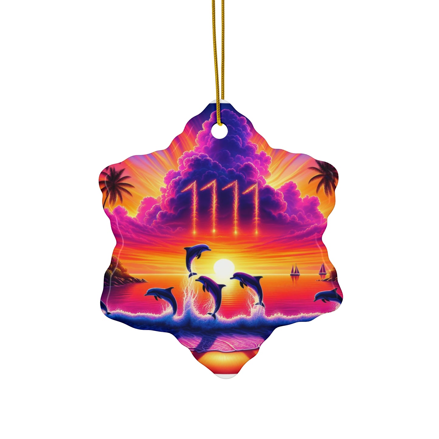 Ceramic Ornament Star, Heart, Snowflake or Circle 1111 "Paradise Dusk: A Tropical Symphony of Colors" - Tropical Beach Sunset with Palm Trees