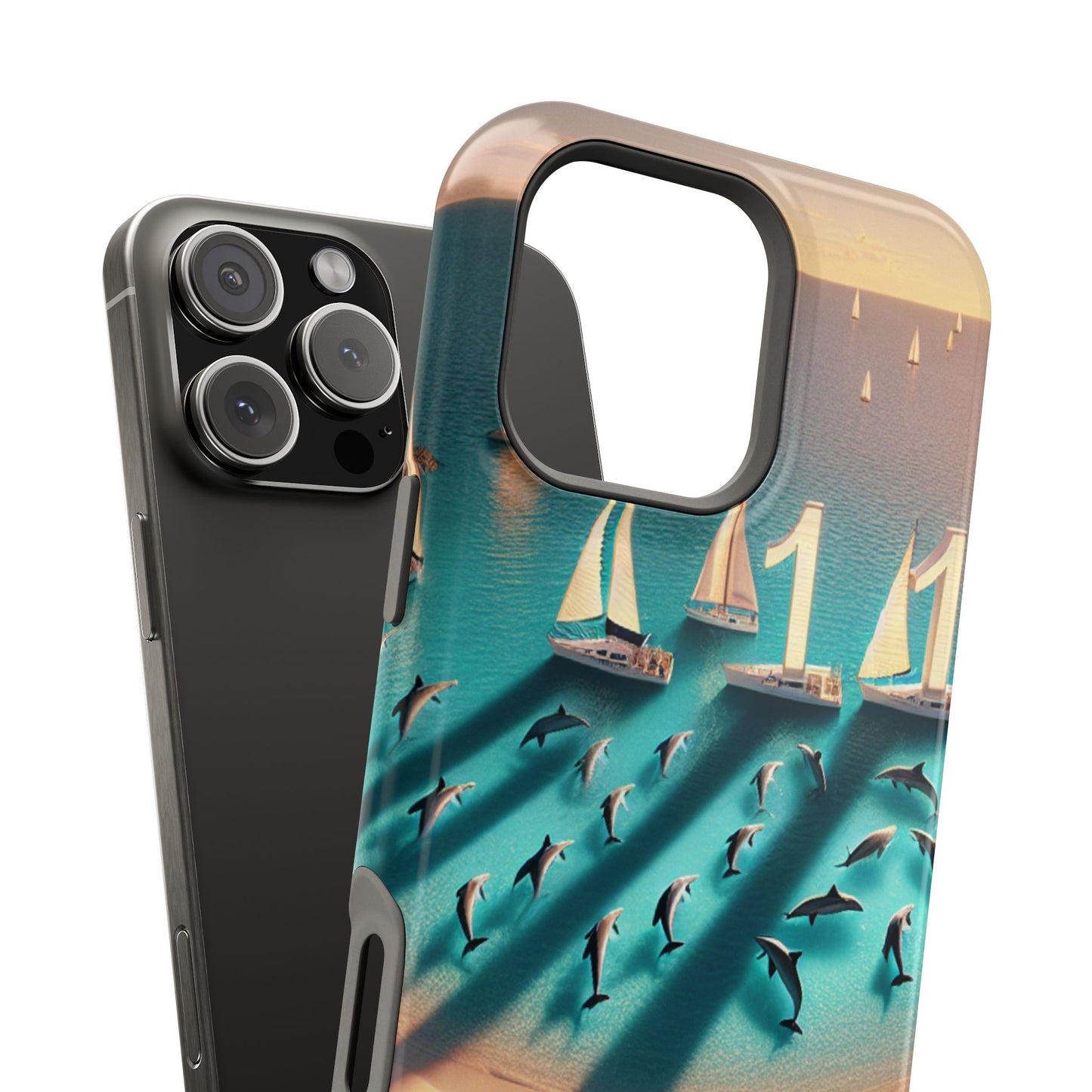 Tough Phone Case, Paradise Unveiled: A Tropical Sunset Symphony, Magnetic Iphone 13-16 Pro Plus and Max 1111, Beach Dolphins Sailboats, HD