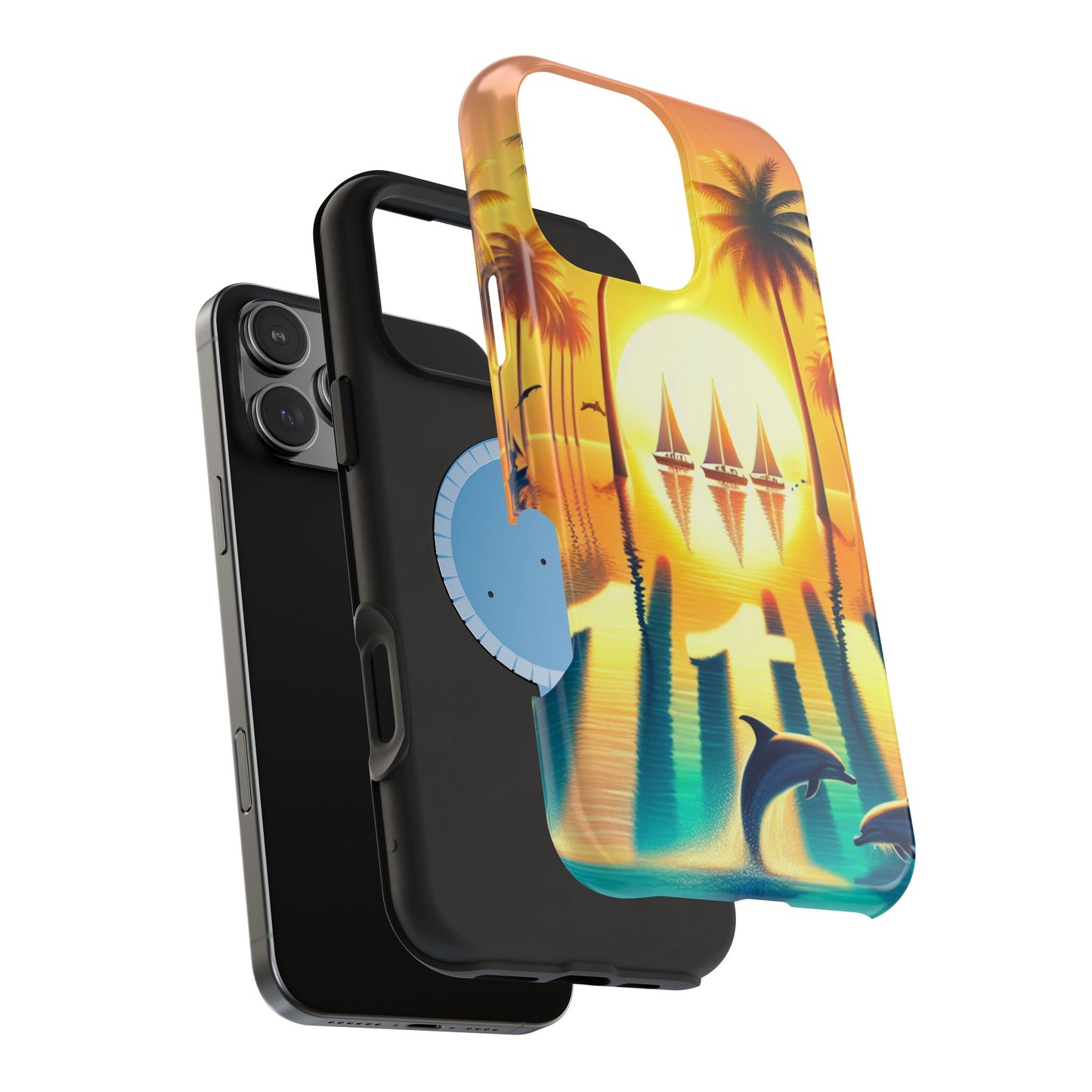 Magnetic Tough Phone case for phone 16 15 14 13 Pro Plus and Max 1111 "Sundrenched Serenity: A Tropical Twilight Masterpiece" - Tough Phone Case with Tropical Beach Sunset Dolphins ande Sailboats HD Art