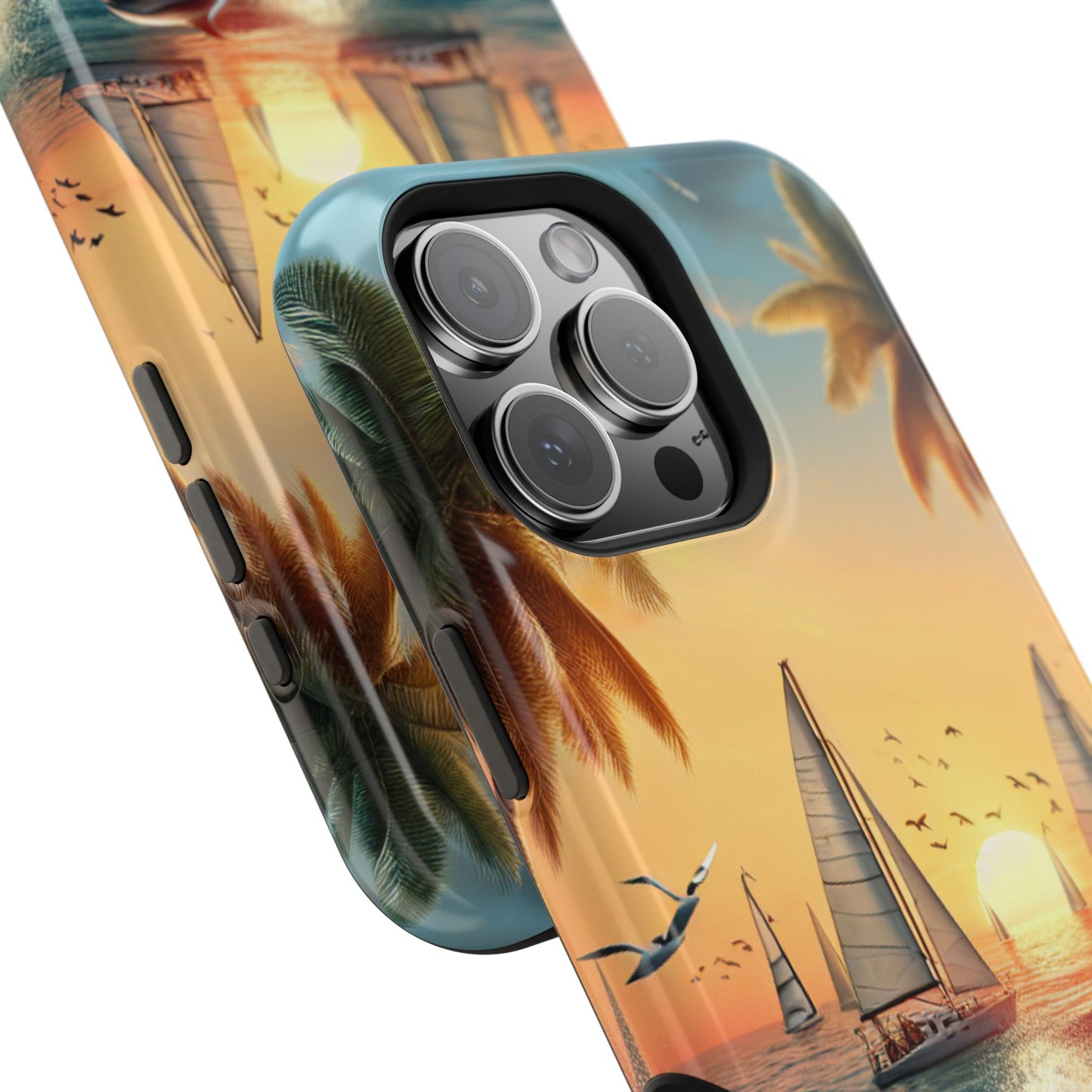 Phone Case, Magnetic Tough Cases, Sundrenched Serenity, Iphone 13-16 Pro Plus & Max, Beach Sunset Dolphins Sailboats HD Art,