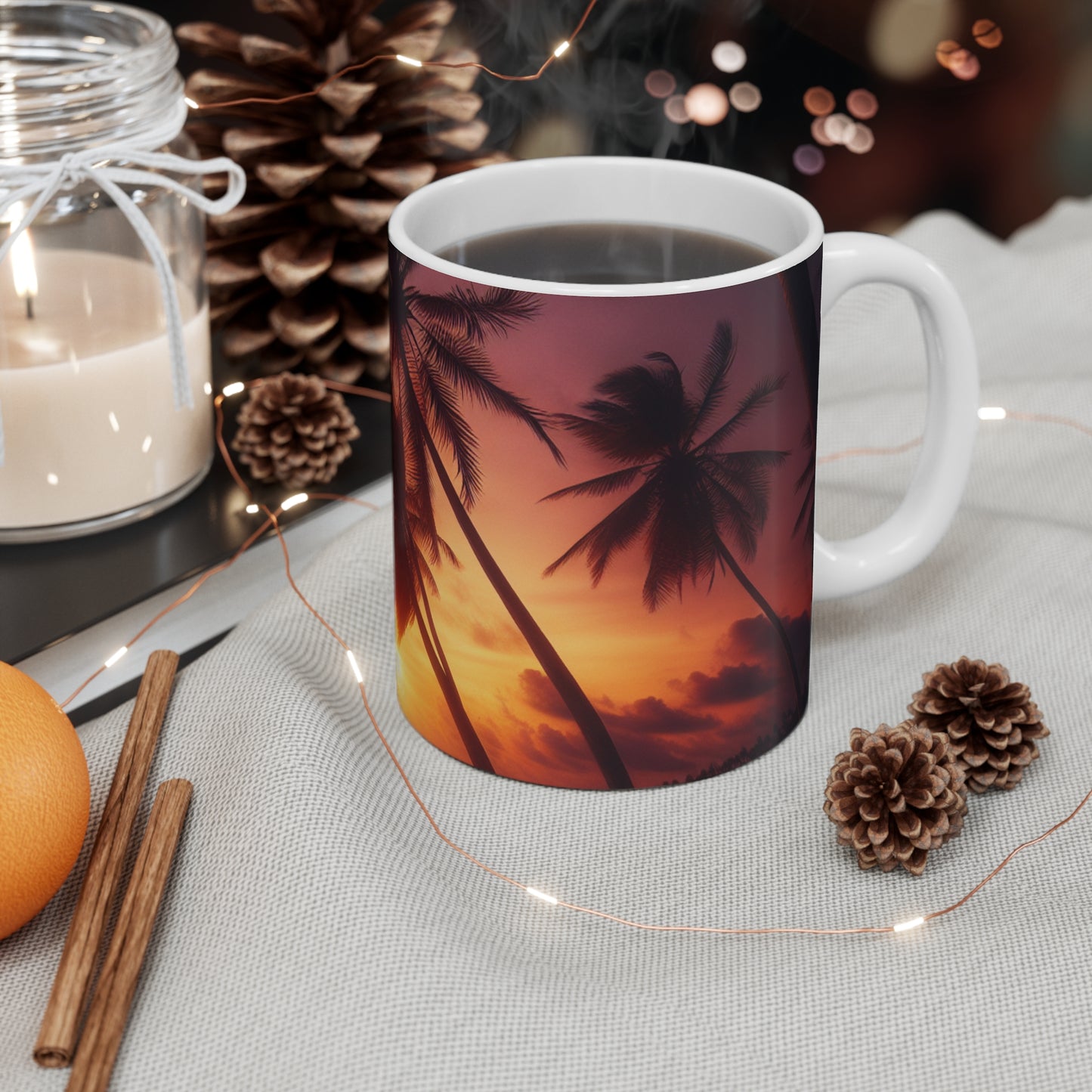 "Paradise Dusk: A Tropic Symphony" - Tropical Beach Sunset with Palm Trees 11oz White Mugs