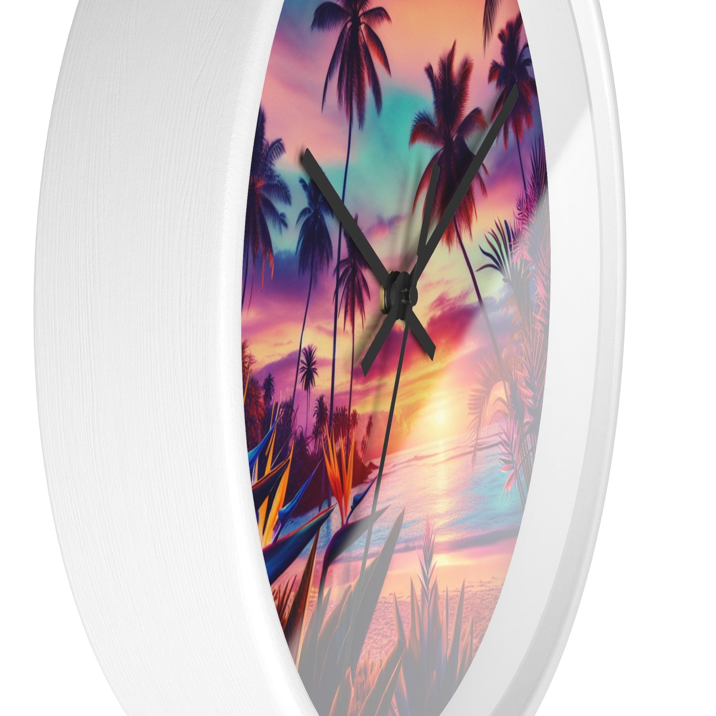 "Paradise Dusk: A Tropical Serenade" - Tropical Beach at Sunset 10" Wall Art Clock