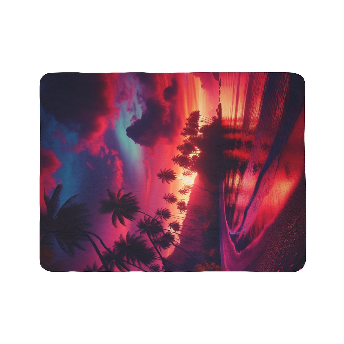 "Paradise Twilight: A Tropical Beach Symphony" - Sherpa Fleece Blanket with Tropical Beach Sunset and Palm Trees