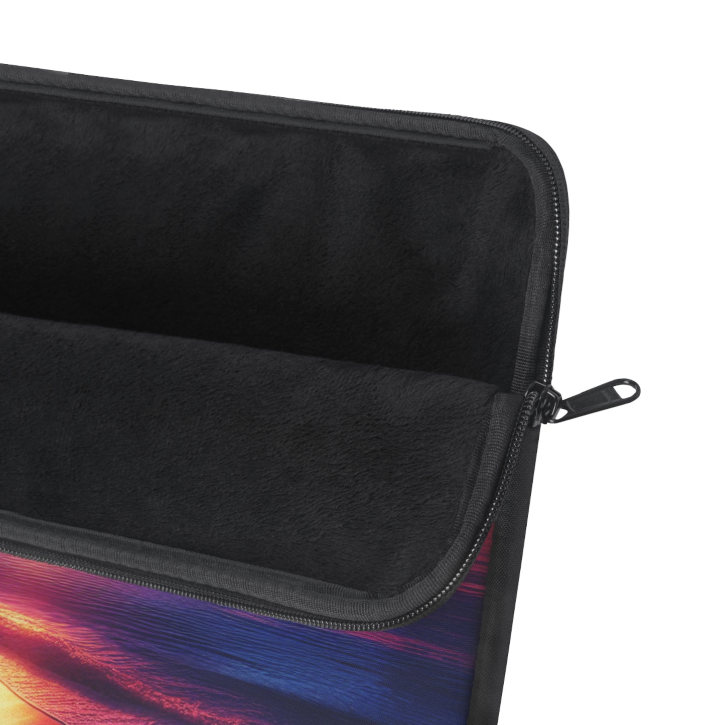 "Paradise Dusk: An Island Sunset Symphony" - Laptop Sleeve with Tropical Beach Sunset with Palm Trees Art