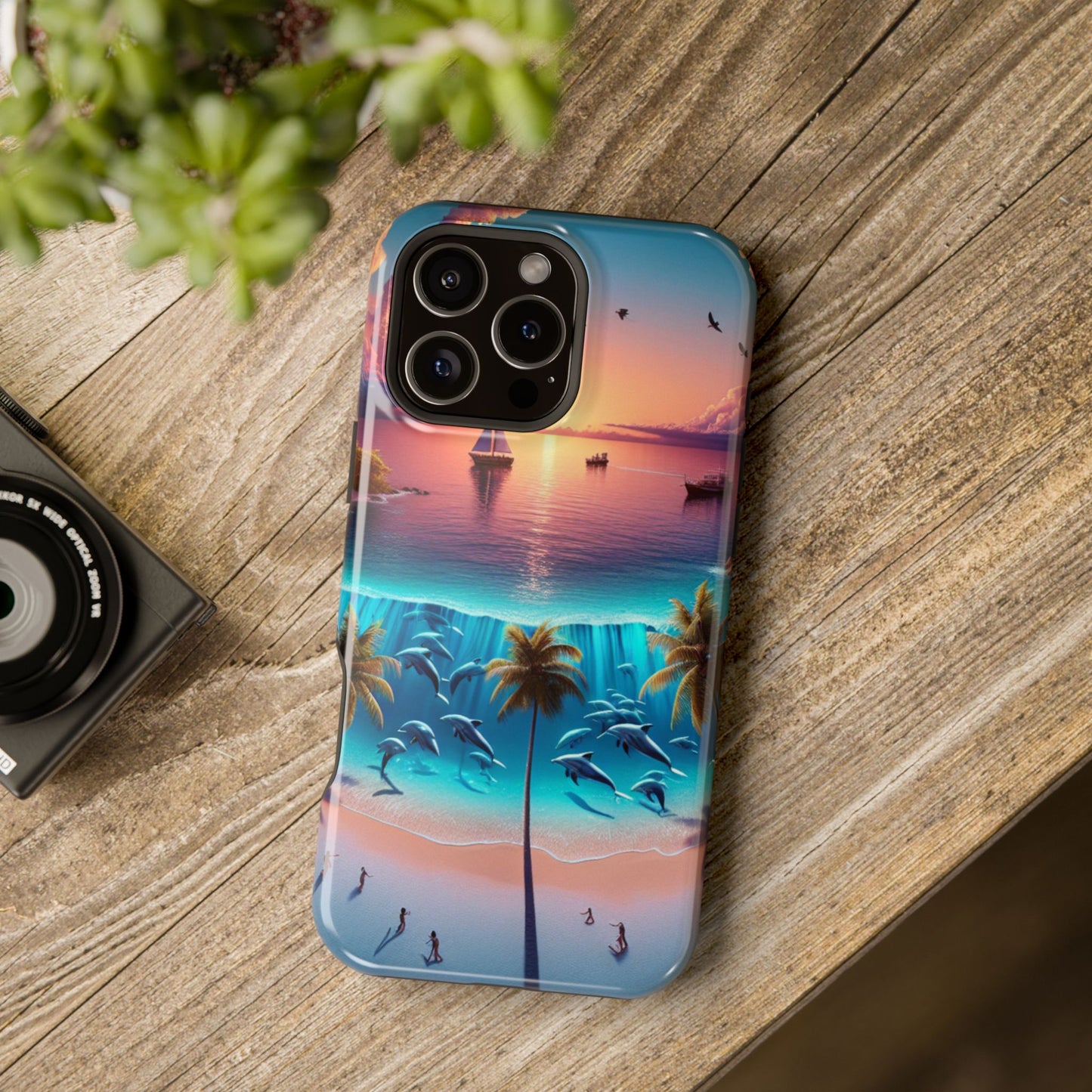 Magnetic Tough Phone case for phone 16 15 14 13 Pro Plus and Max "Sunset Serenity: A Tropical Solitude" - Tough Phone Case with Tropical Beach Sunset Dolphins ande Sailboats HD Art