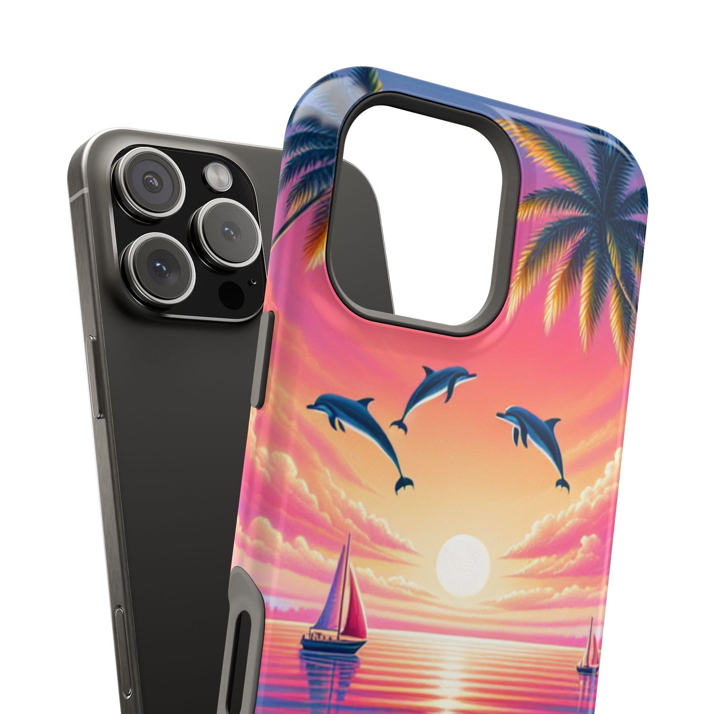 Magnetic Iphone 16 15 14 13 Pro and Max "Sunset Serenity: Tropical Paradise" - Tough Phone Case with Tropical Beach Sunset Dolphins ande Sailboats HD Art