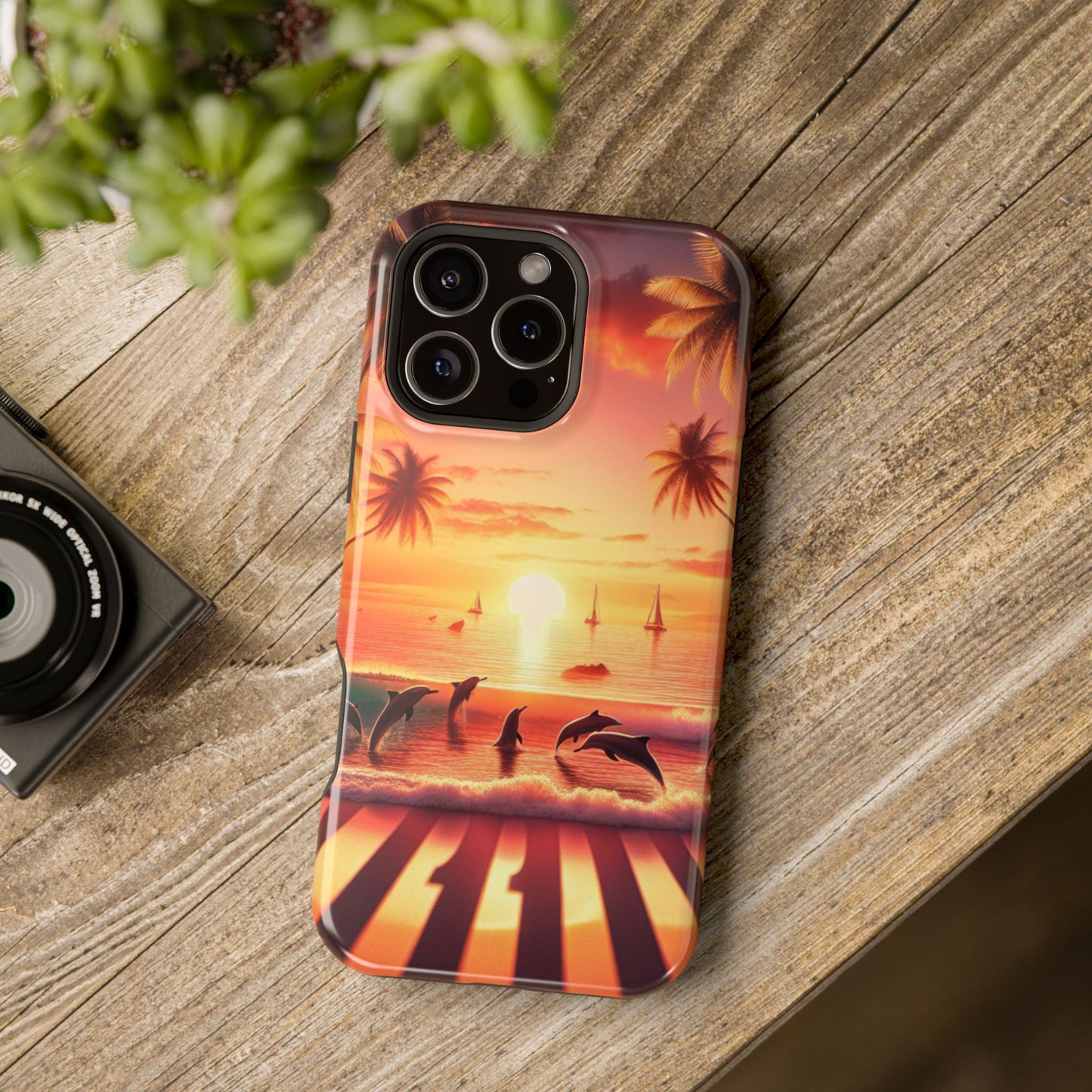 Magnetic Iphone 16 15 14 13 Pro and Max Angel number 1111 in the sand "Serenity At Dusk: Tropical Beach Euphoria" - Tough Phone Case with Tropical Beach Sunset Dolphins ande Sailboats HD Art