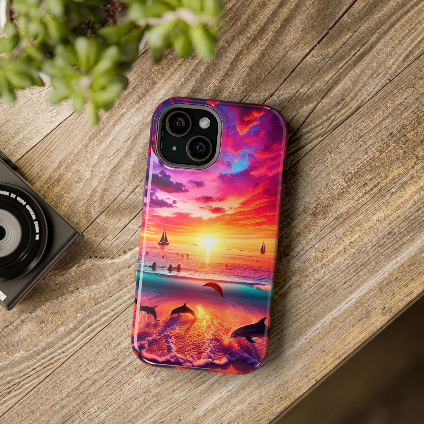 Magnetic Tough Phone case for phone 16 15 14 13 1111 "Paradise Dusk: An Enchanting Tropical Display" - Tough Phone Case with Tropical Beach Sunset Dolphins ande Sailboats HD Art