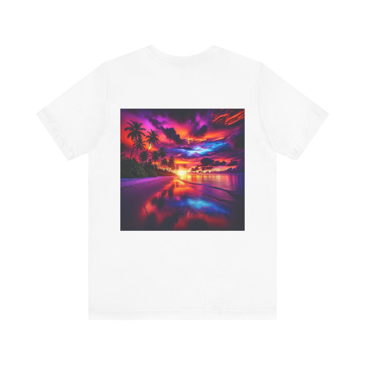 "Paradise Serenity: A Tropical Sunset Symphony" - Tropical Beach Sunset with Palm Trees Unisex Jersey Tee