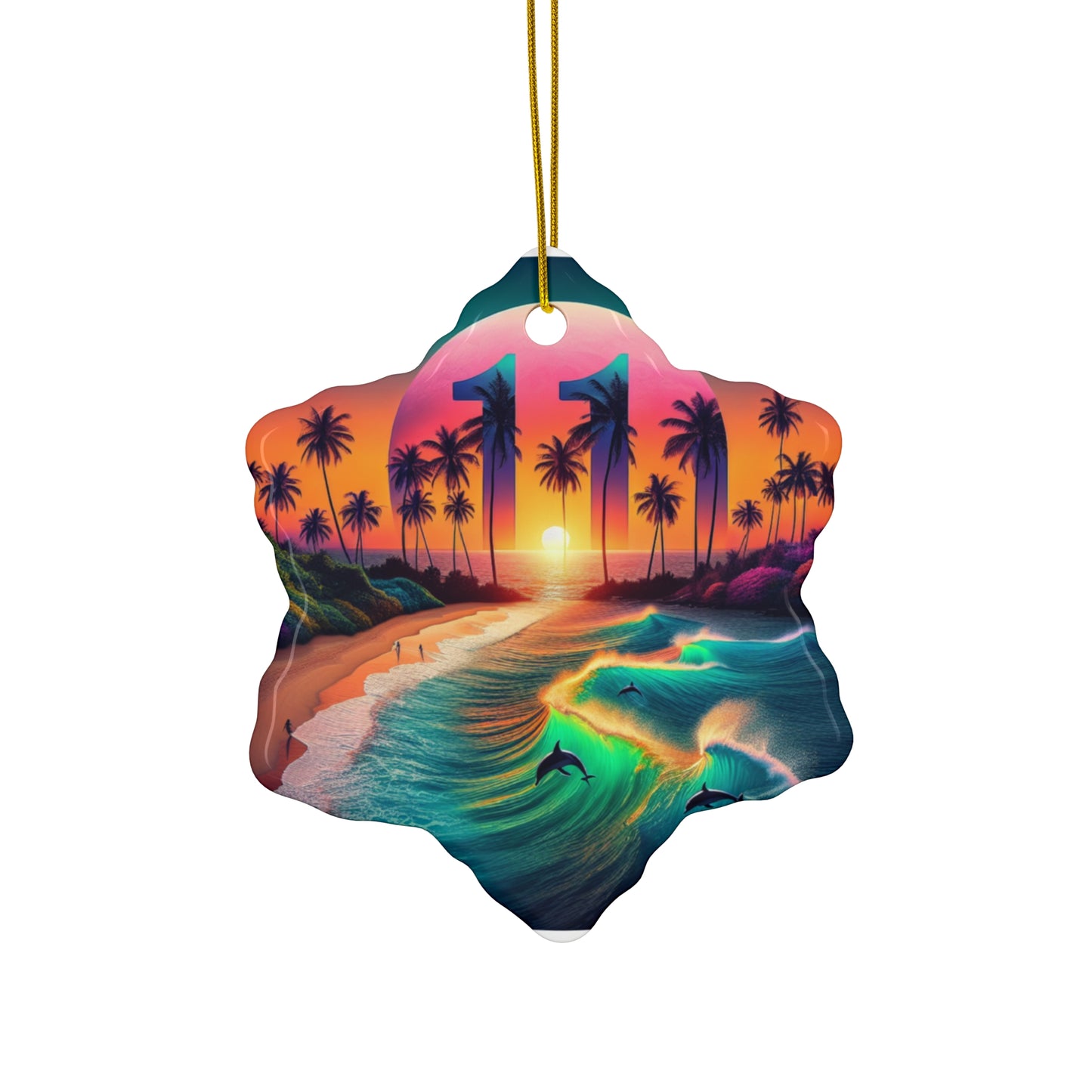 Ceramic Ornament Star, Heart, Snowflake or Circle "Twilight Tranquility: A Tropical Symphony" - Tropical Beach Sunset with Palm Trees