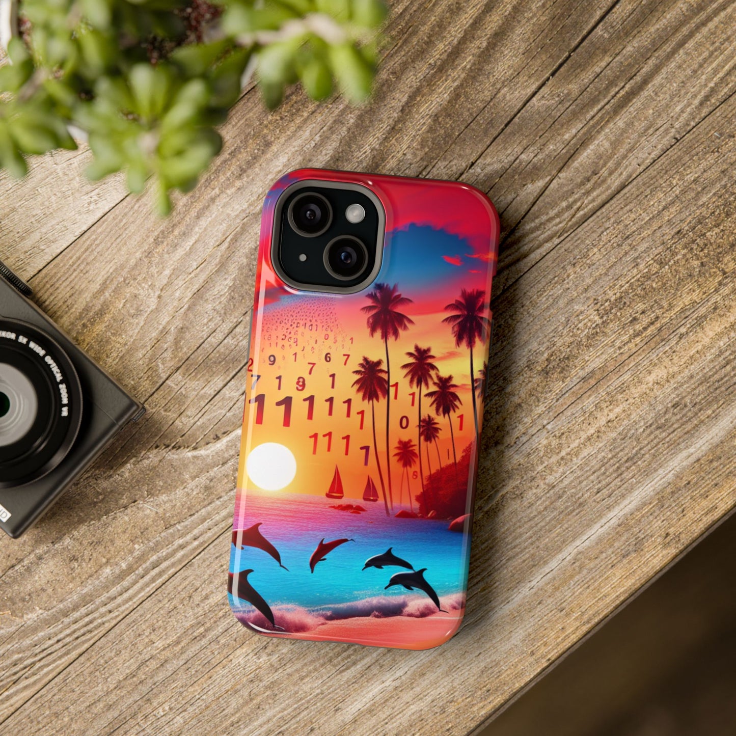 Magnetic Tough Phone case for phone 16 15 14 13 Pro Plus and Max 1111 "Serenity Horizon: Tropical Sundown Symphony" - Tough Phone Case with Tropical Beach Sunset Dolphins ande Sailboats HD Art