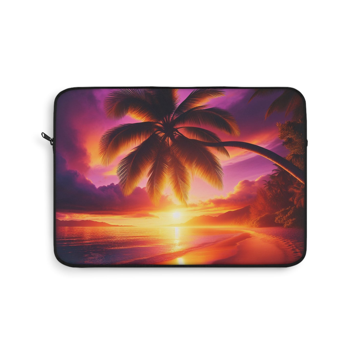 "Serenity Sands: A Tropical Twilight Tapestry" - Laptop Sleeve with Tropical Beach Sunset with Palm Trees Art