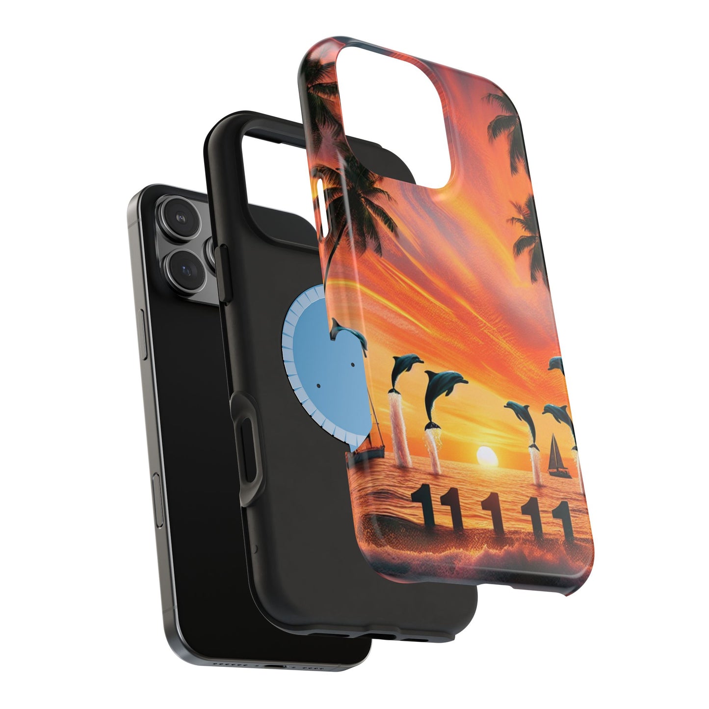 Magnetic Tough Phone case for phone 16 15 14 13 Pro Plus and Max 11111 "Tropical Serenity: Sundown Symphony" - Tough Phone Case with Tropical Beach Sunset Dolphins ande Sailboats HD Art