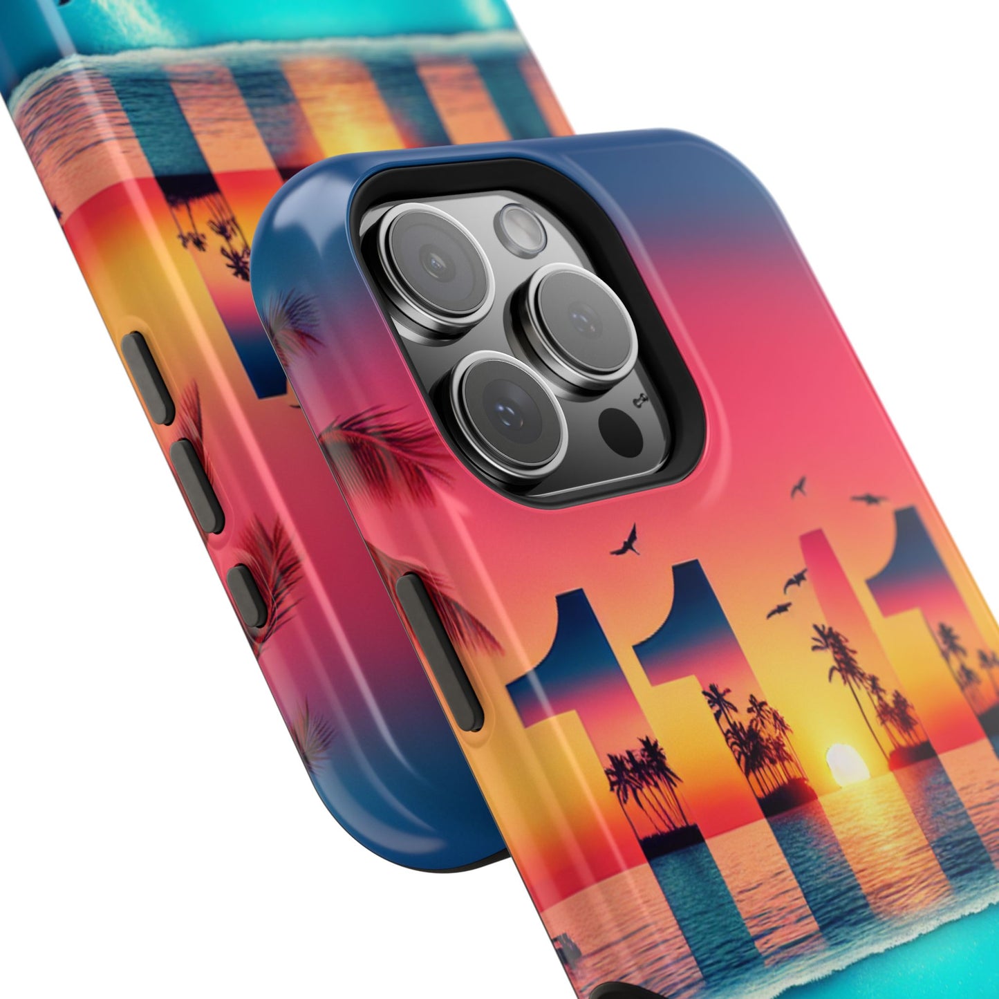 Magnetic Phone Cases, Tropical Sunset Symphony Tough Case for iPhone, Beach Dolphin Sailboat Art, Max Pro 13-16, Paradise Unveiled