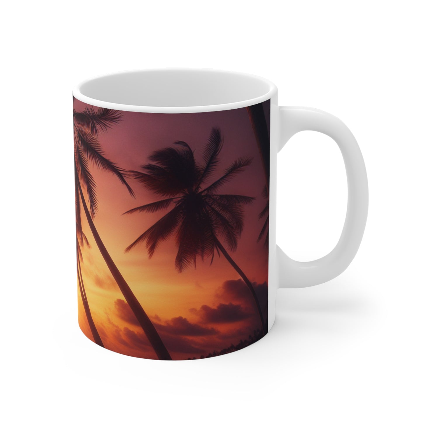 "Paradise Dusk: A Tropic Symphony" - Tropical Beach Sunset with Palm Trees 11oz White Mugs