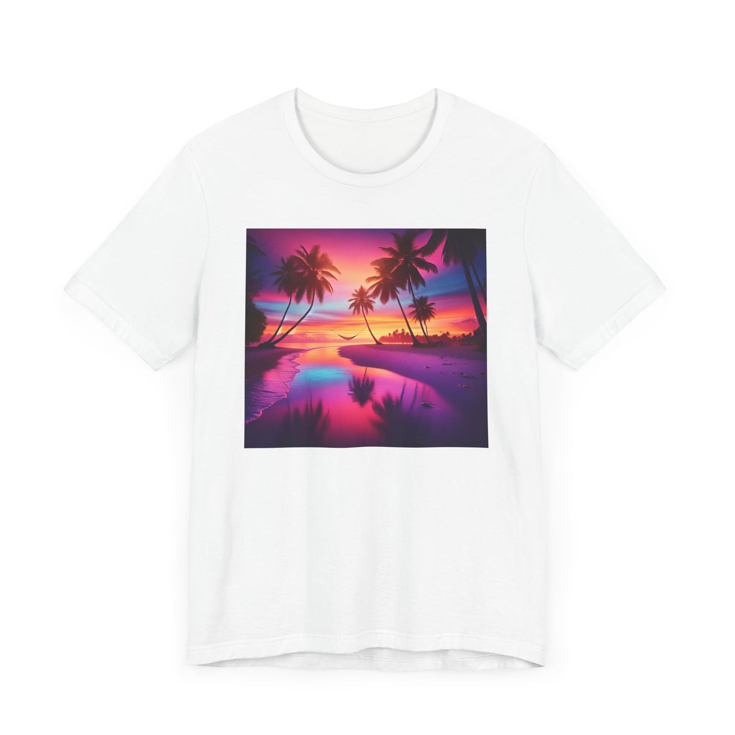"Serenity Splash: A Tropical Twilight Masterpiece" - Tropical Beach Sunset with Palm Trees Unisex Tee