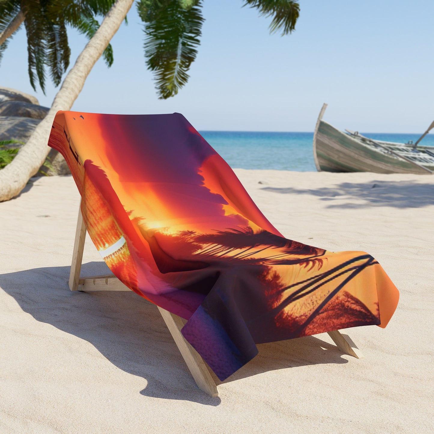 "Serene Paradise: A Tropical Sunset Symphony" - Tropical Beach Sunset with Palm Trees Beach Towel