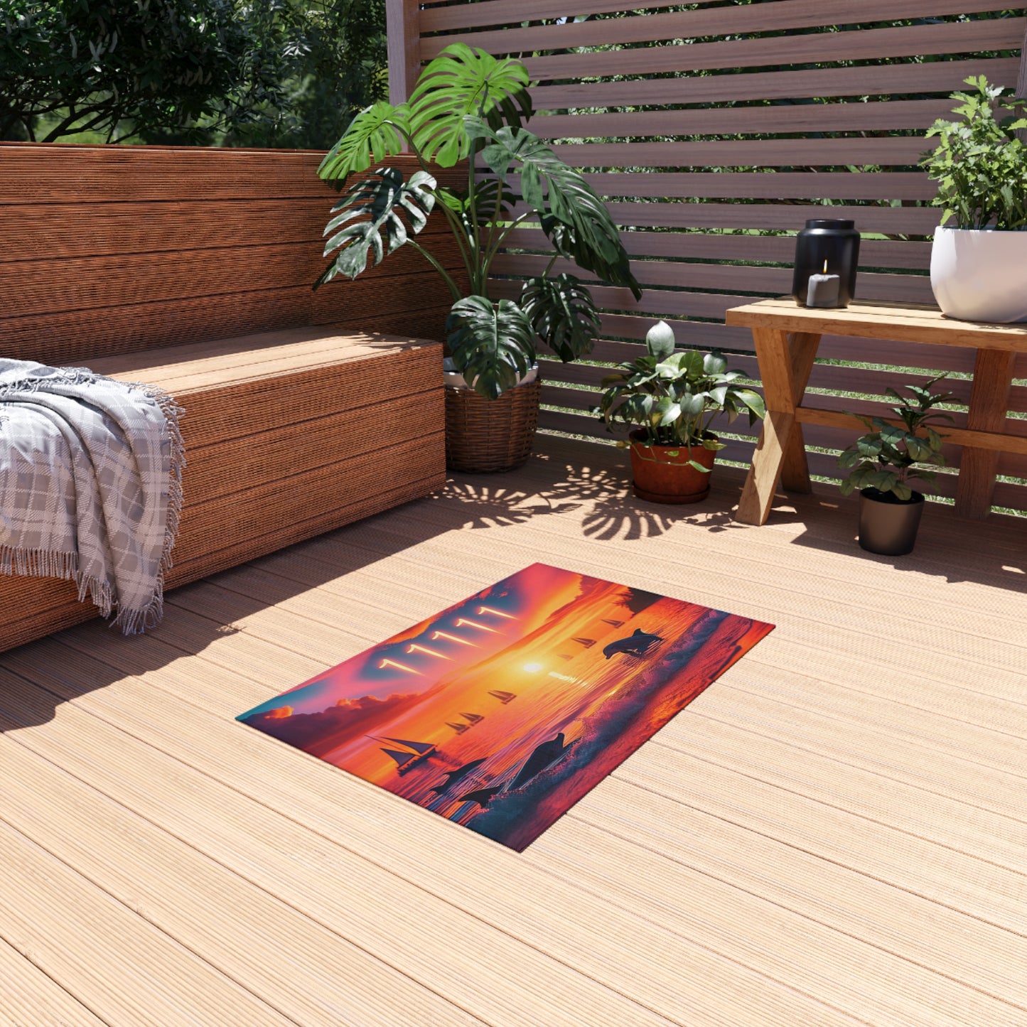 Tropical Beach Sunset with Dolphins, Sailboats and Angel number 11111 in the sky Outdoor Rug
