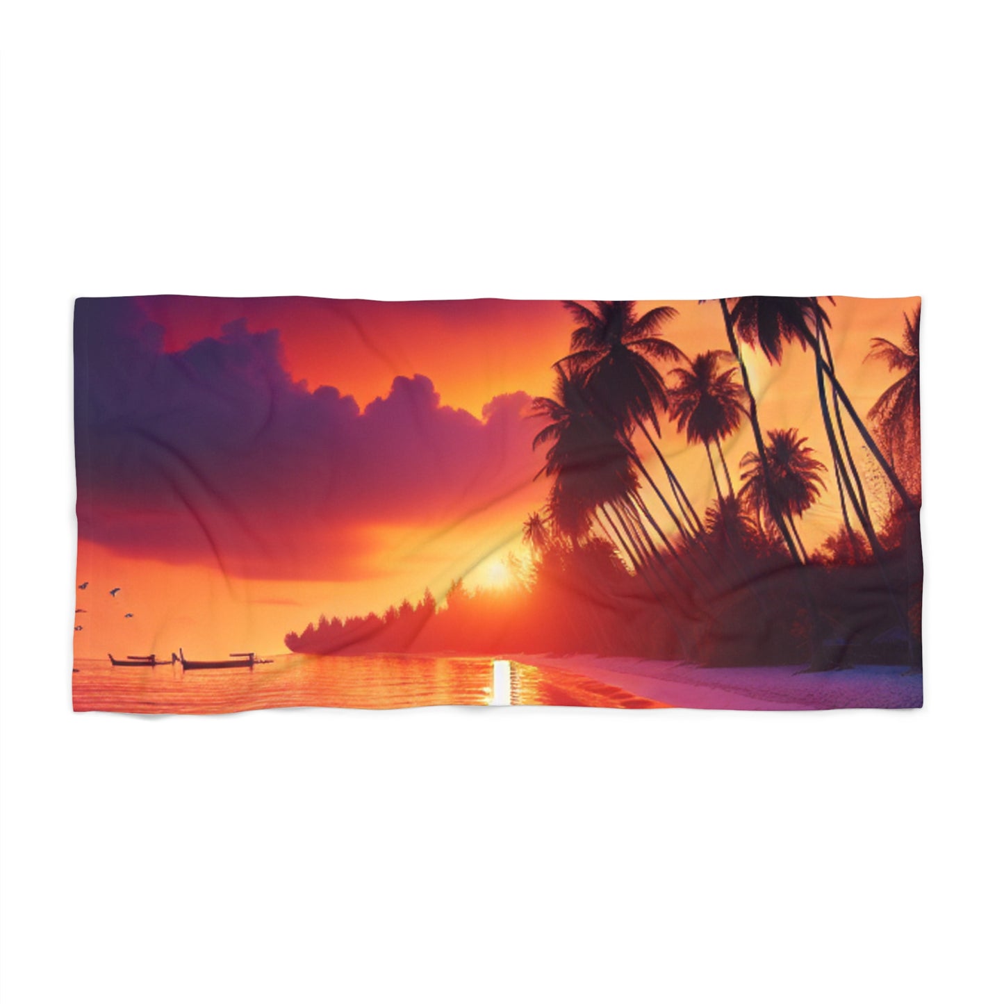 "Serene Paradise: A Tropical Sunset Symphony" - Tropical Beach Sunset with Palm Trees Beach Towel