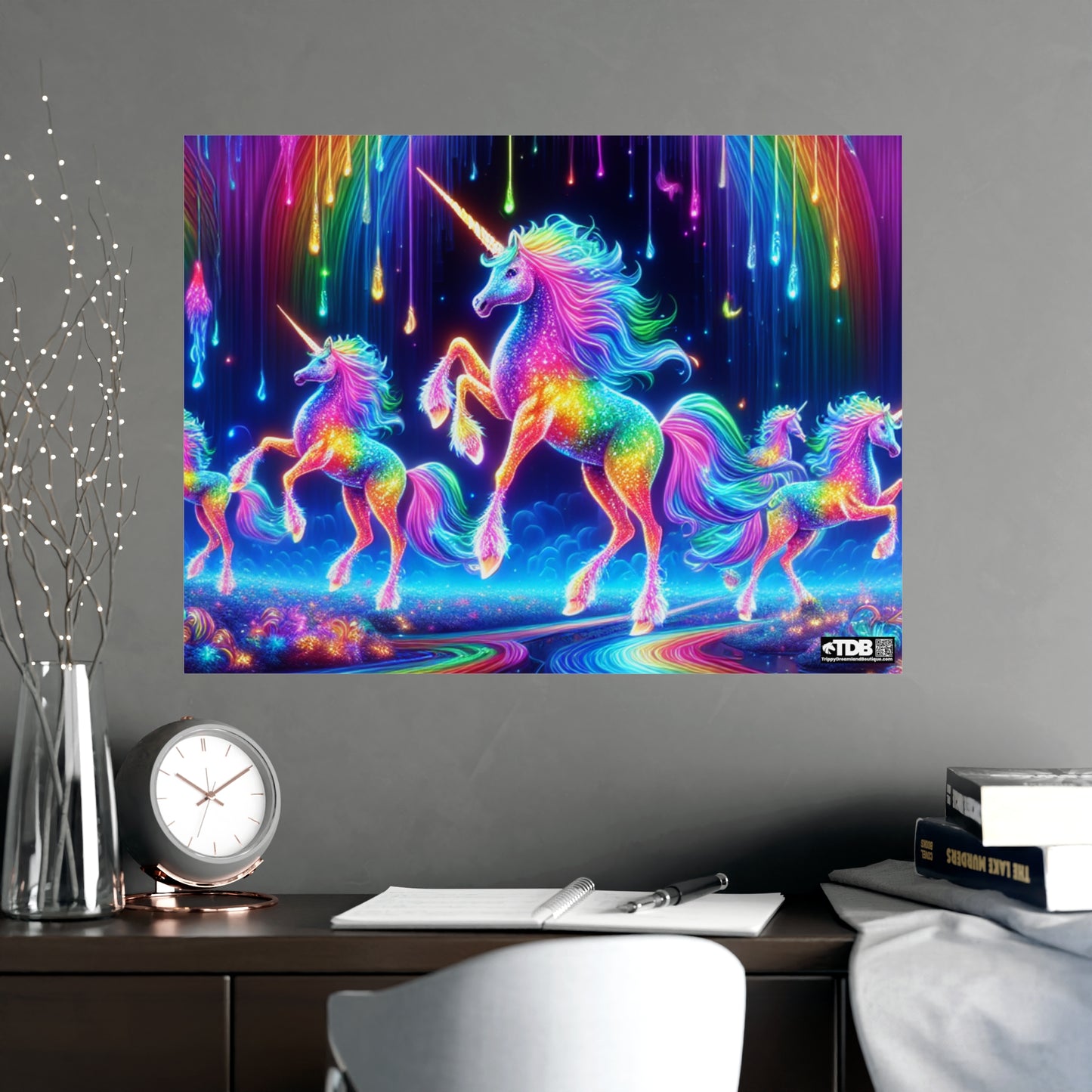 TDB Enchanting NEON Unicorns in Rainbows Vertical and Horizontal Matte Posters